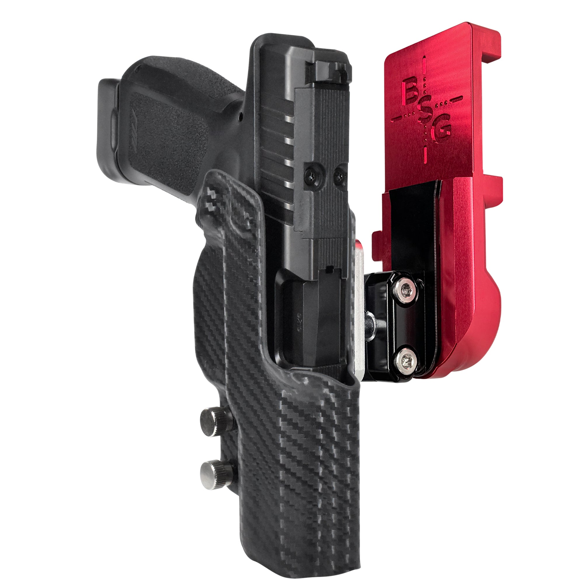 Rost Martin RM1C IPSC/USPA Quick Mount Ball Joint Holster with Red Belt Attachment, Carbon Fiber Holster Shell