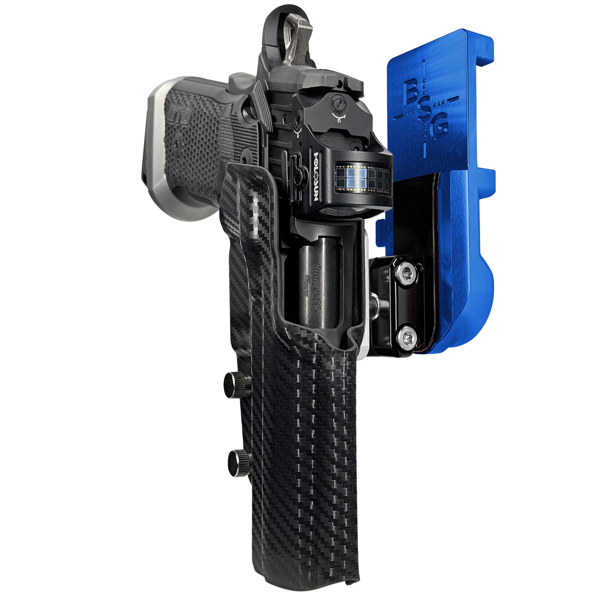 Sig P211-GTO IPSC/USPA Quick Mount Ball Joint Holster with Blue Belt Attachment, Carbon Fiber Holster Shell