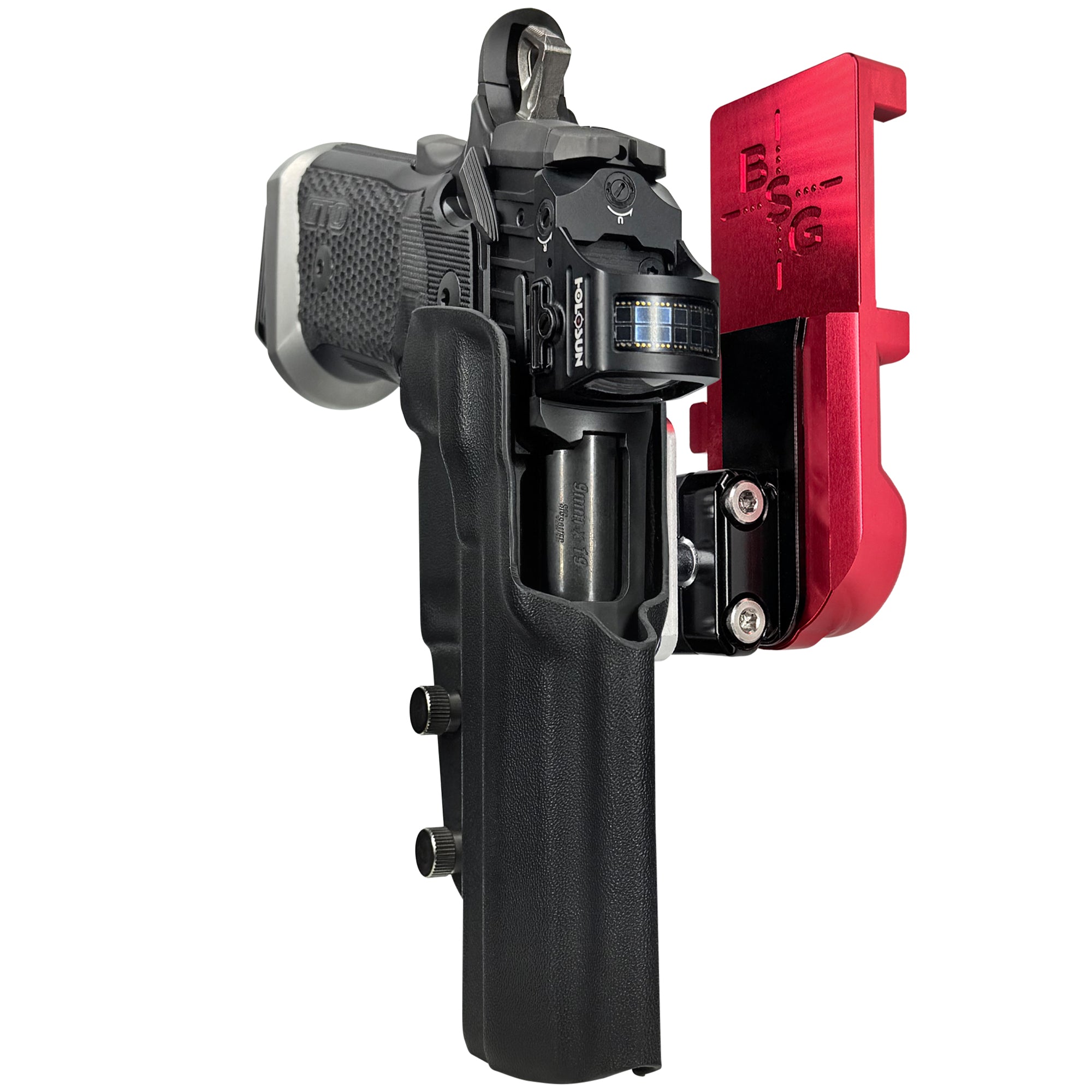 Sig P211-GTO IPSC/USPA Quick Mount Ball Joint Holster with Red Belt Attachment, Black Holster Shell