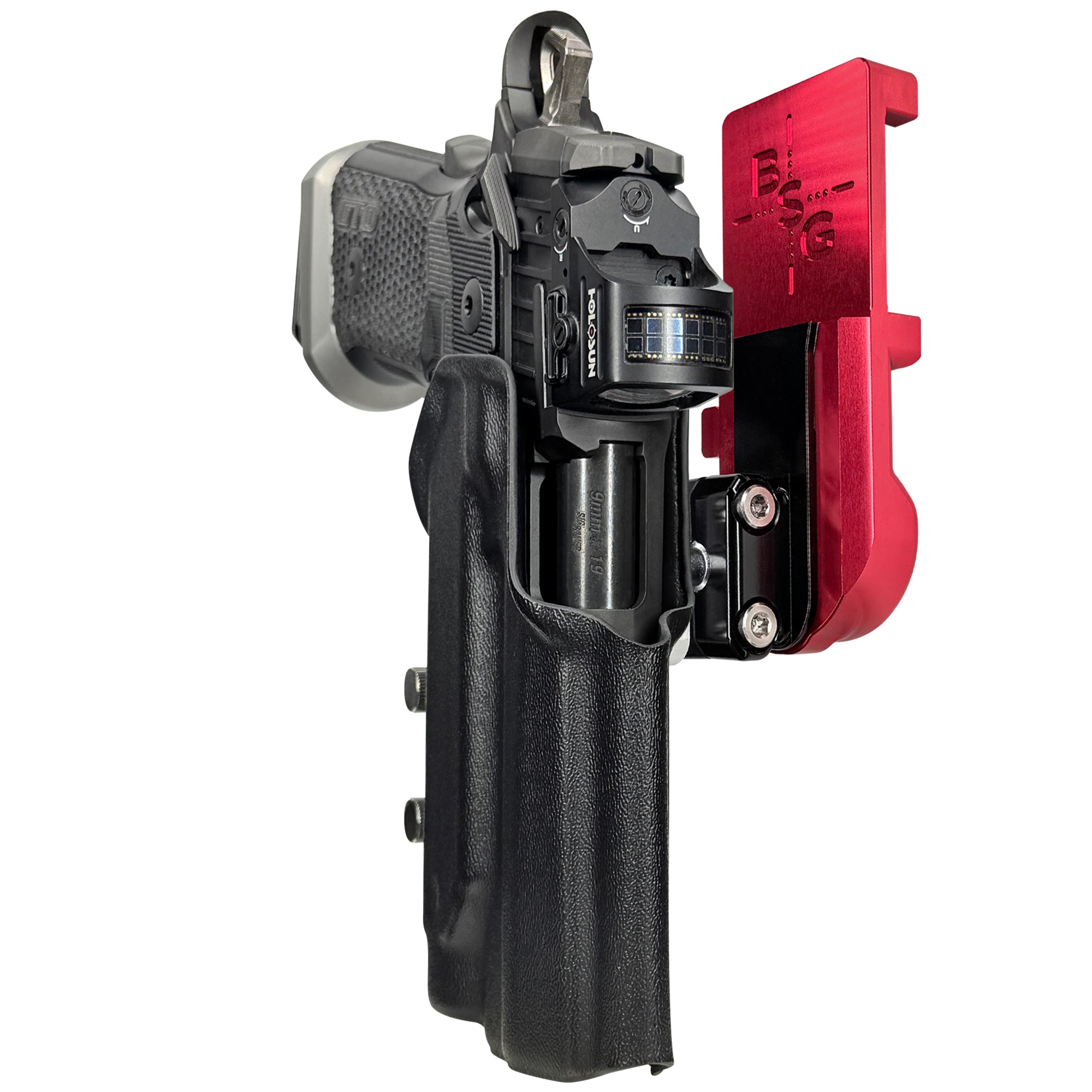 Sig P211 w/ P.ID IPSC/USPA Quick Mount Ball Joint Holster with Red Belt Attachment, Black Holster Shell