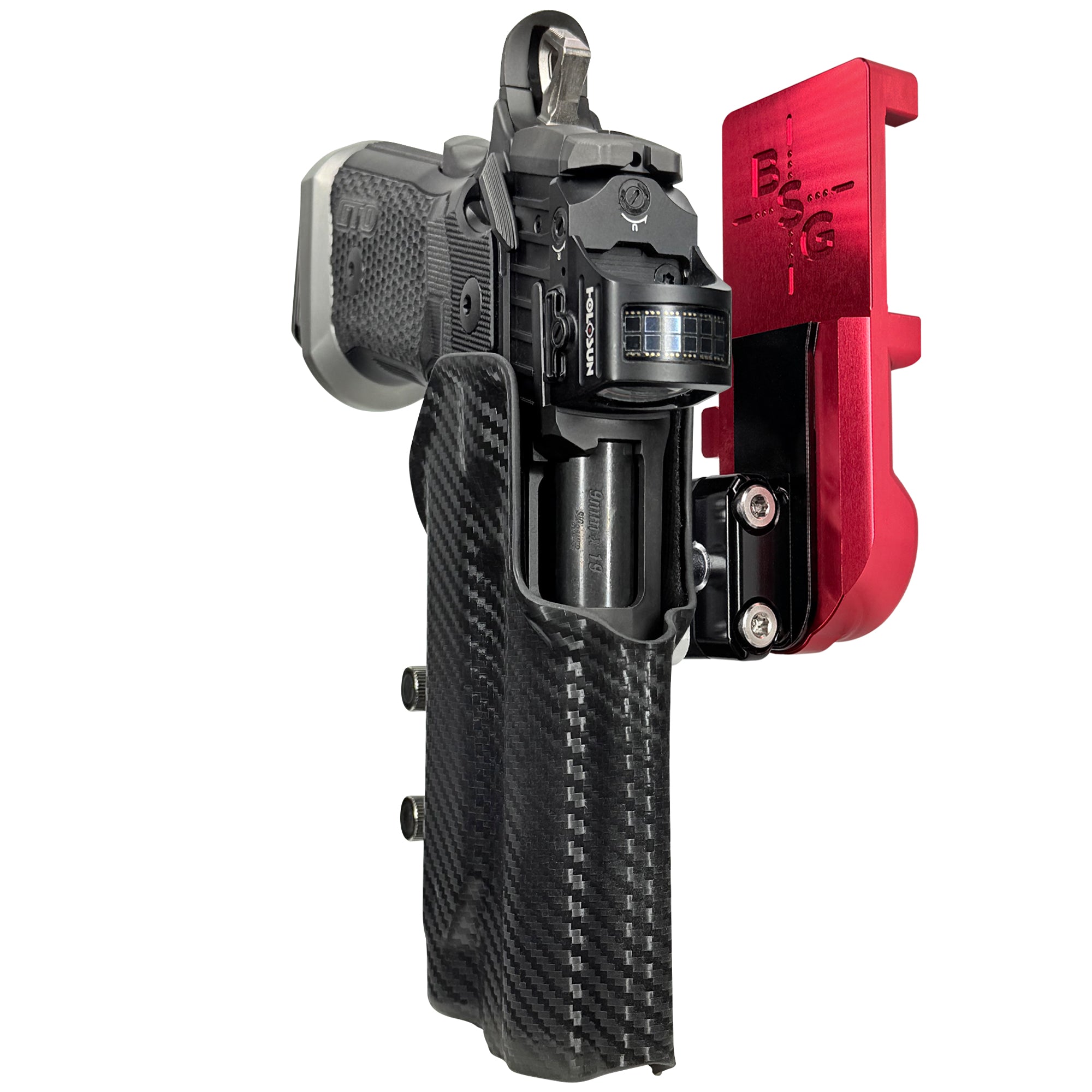 Sig P211 w/ P.ID IPSC/USPA Quick Mount Ball Joint Holster with Red Belt Attachment, Carbon Fiber Holster Shell