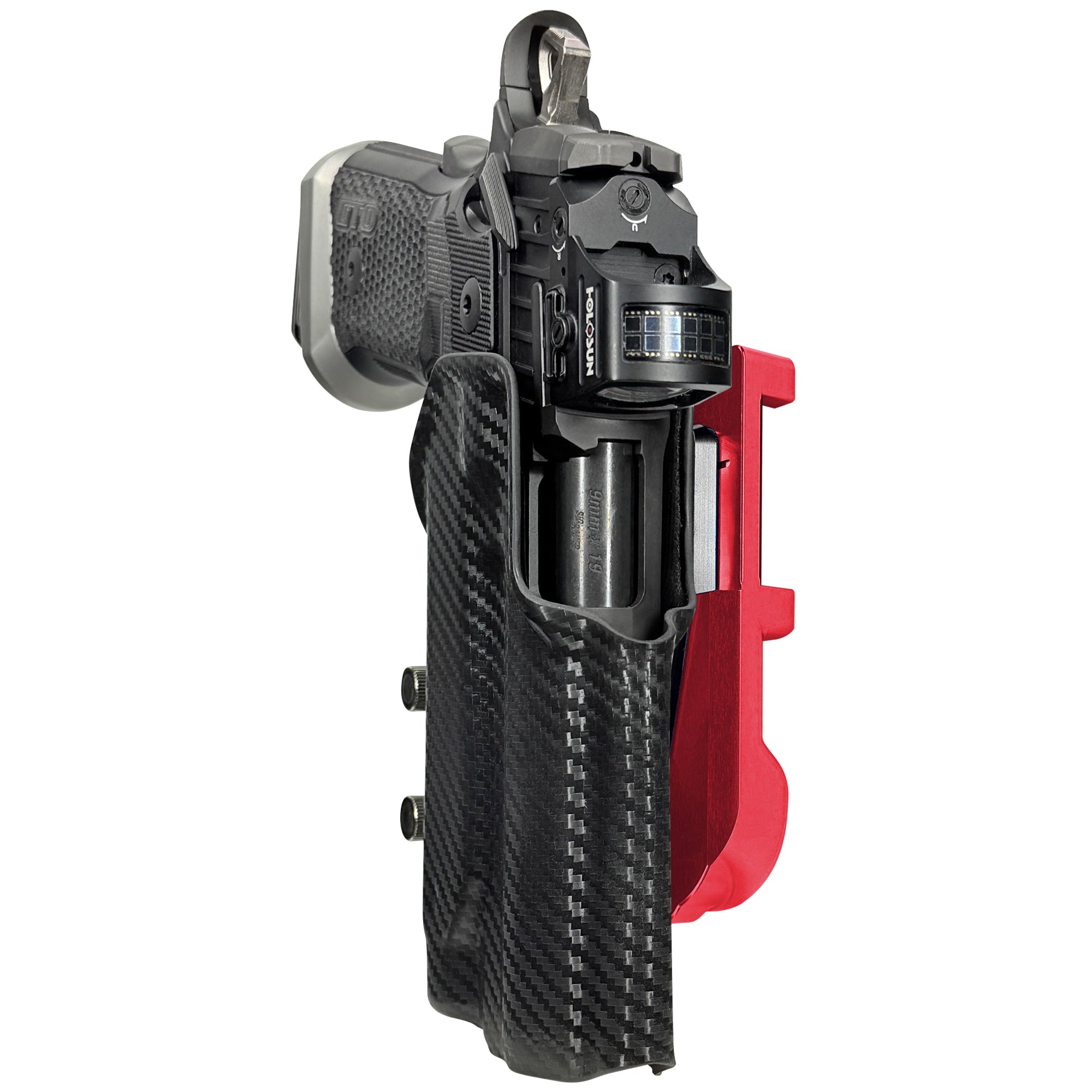 Sig P211 w/ P.ID IDPA Quick Mount Holster with Red Belt Attachment, Carbon Fiber Holster Shell