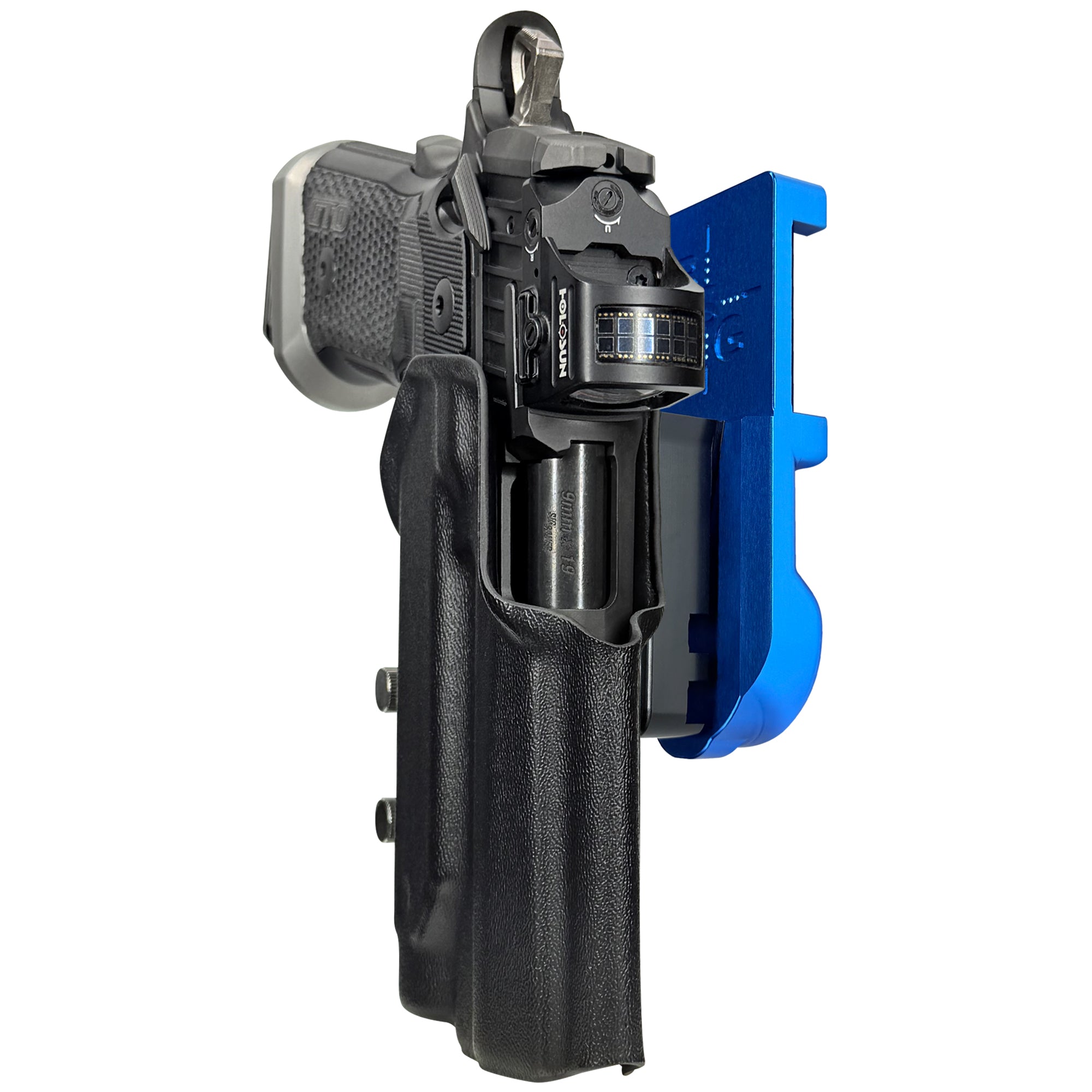 Sig P211 w/ P.ID IPSC/USPA Quick Mount Holster with Blue Belt Attachment, Black Holster Shell