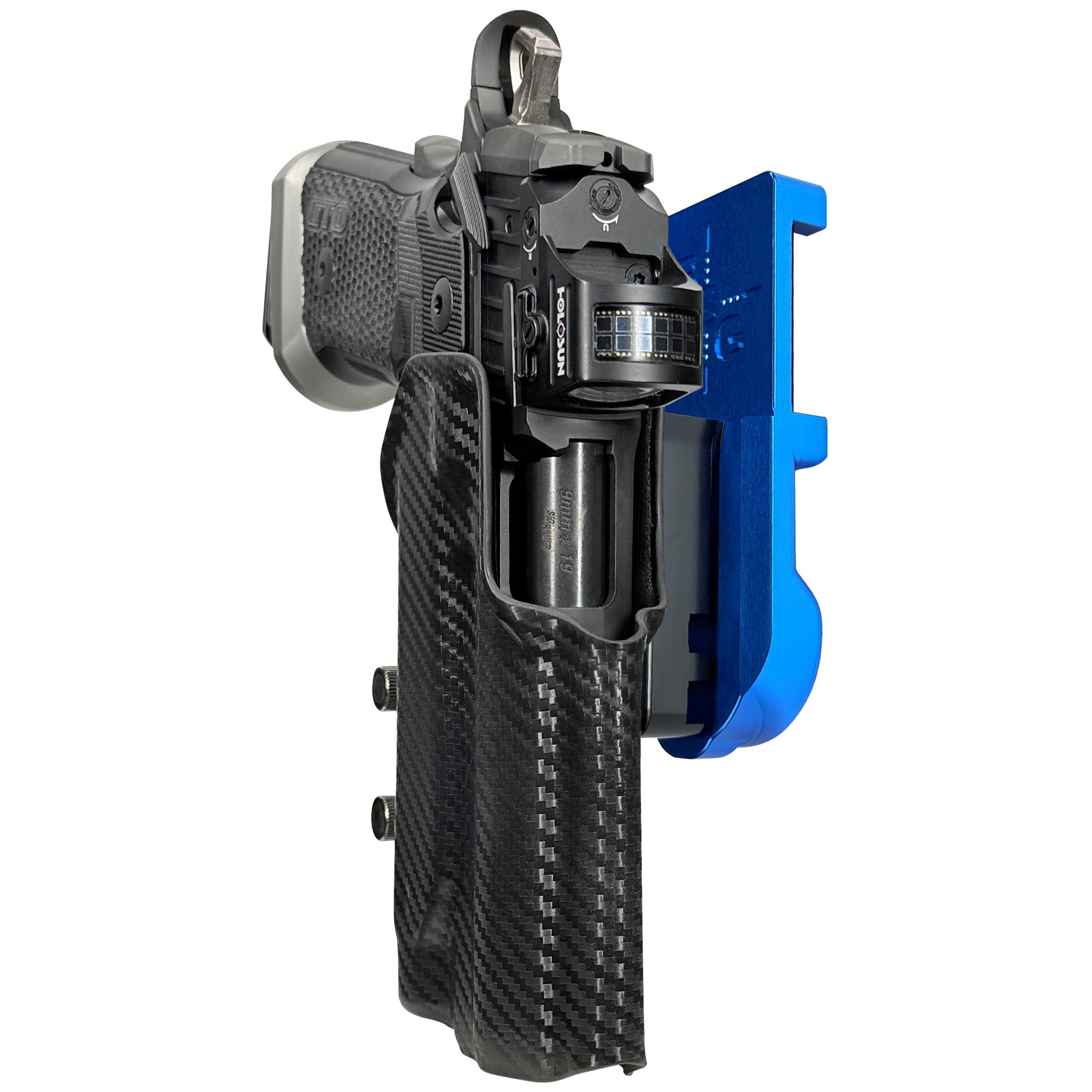 Sig P211 w/ P.ID IPSC/USPA Quick Mount Holster with Blue Belt Attachment, Carbon Fiber Holster Shell