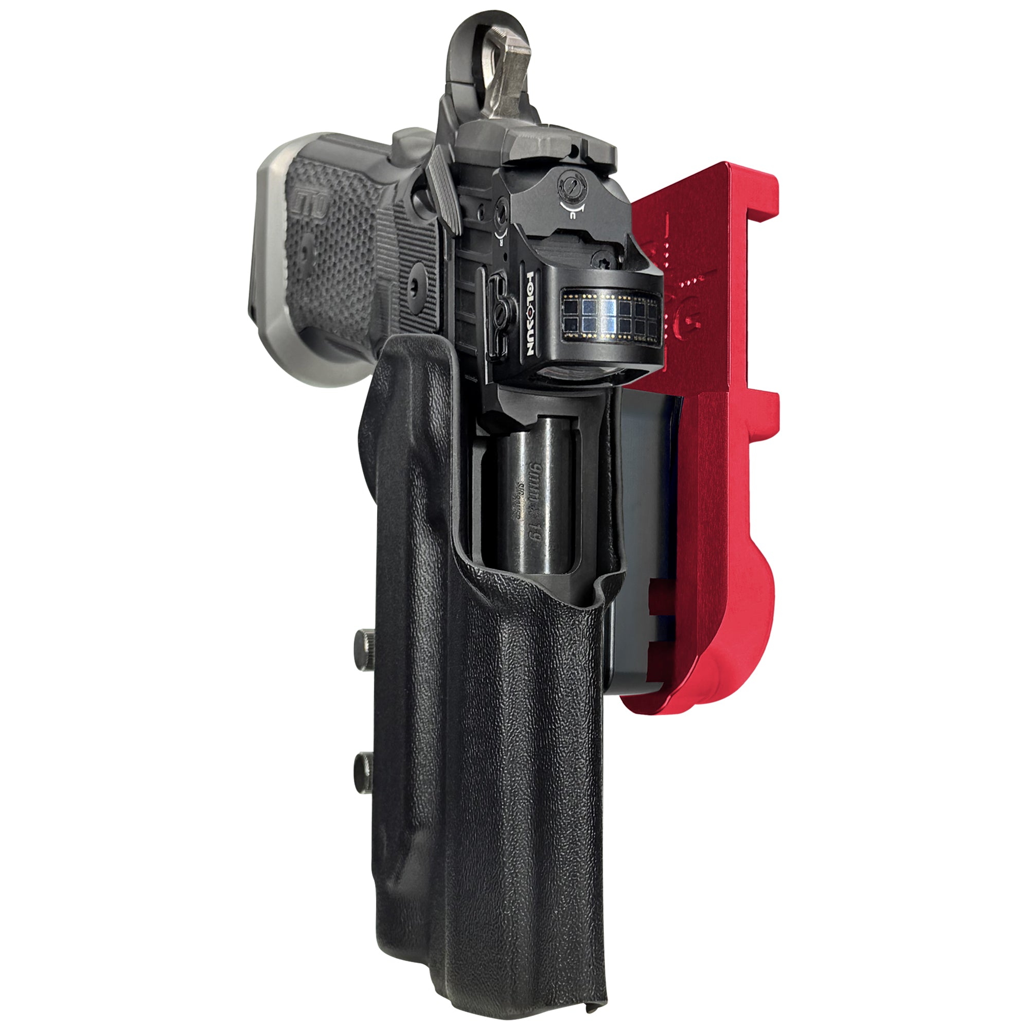 Sig P211 w/ P.ID IPSC/USPA Quick Mount Holster with Red Belt Attachment, Black Holster Shell