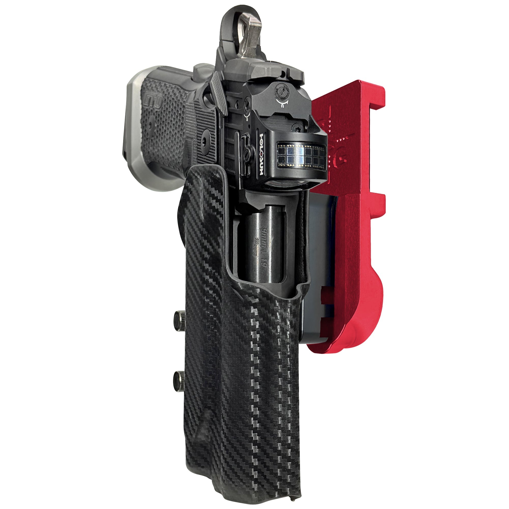 Sig P211 w/ P.ID IPSC/USPA Quick Mount Holster with Red Belt Attachment, Carbon Fiber Holster Shell