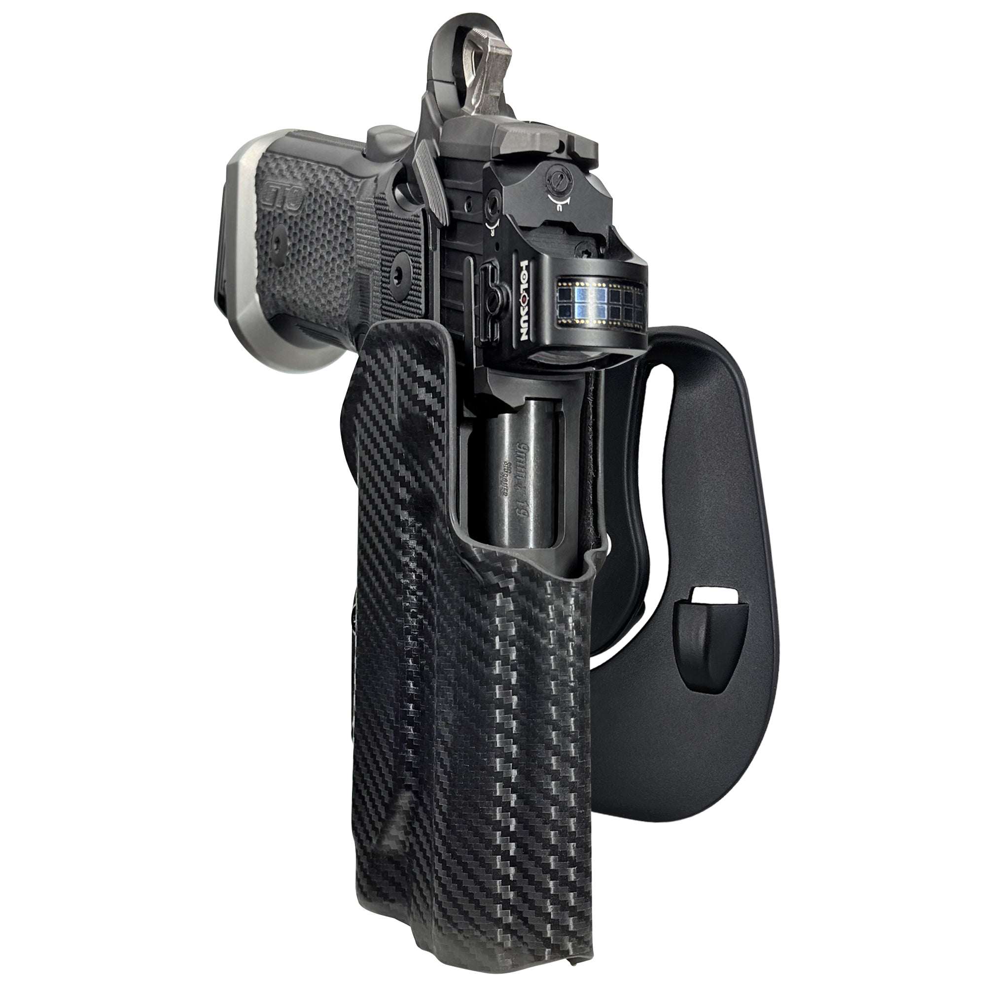 Sig P211 w Holosun P.ID OWB Paddle Holster in Carbon Fiber