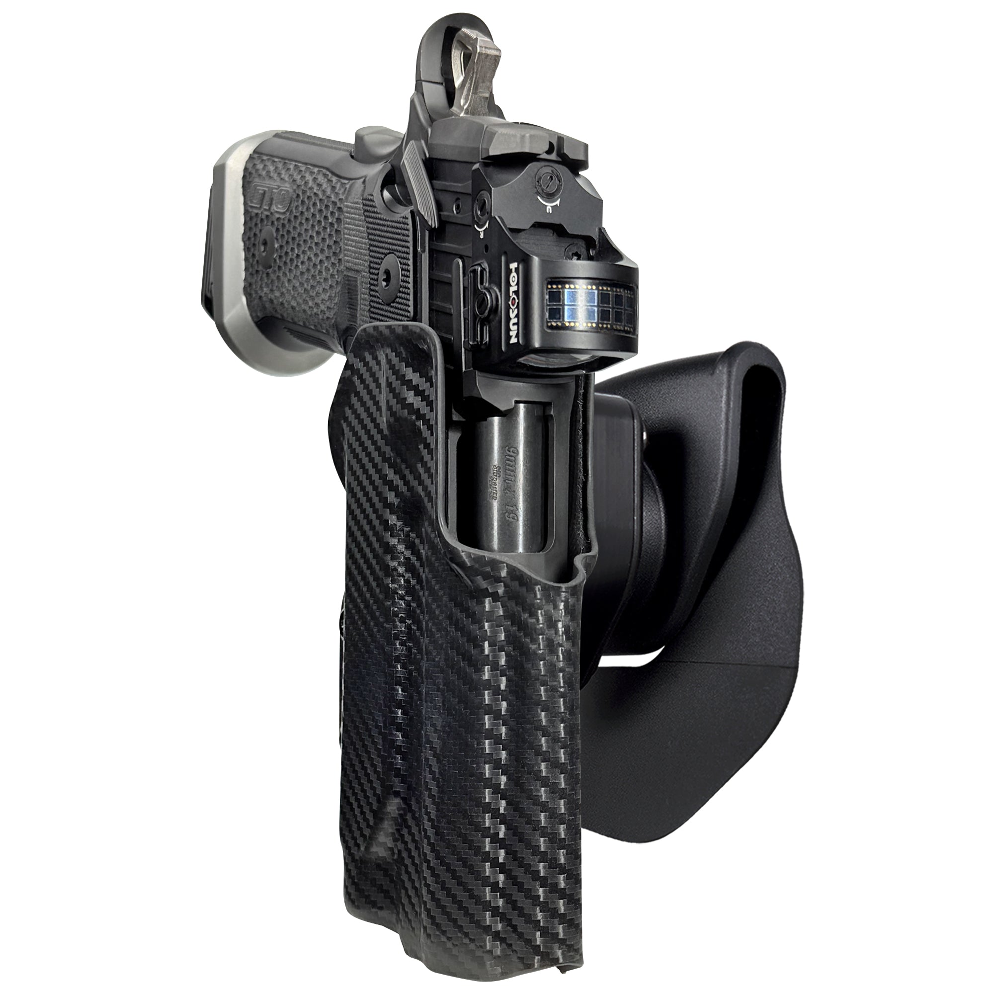 Sig P211 w Holosun P.ID OWB Quick Release Paddle Holster in Carbon Fiber