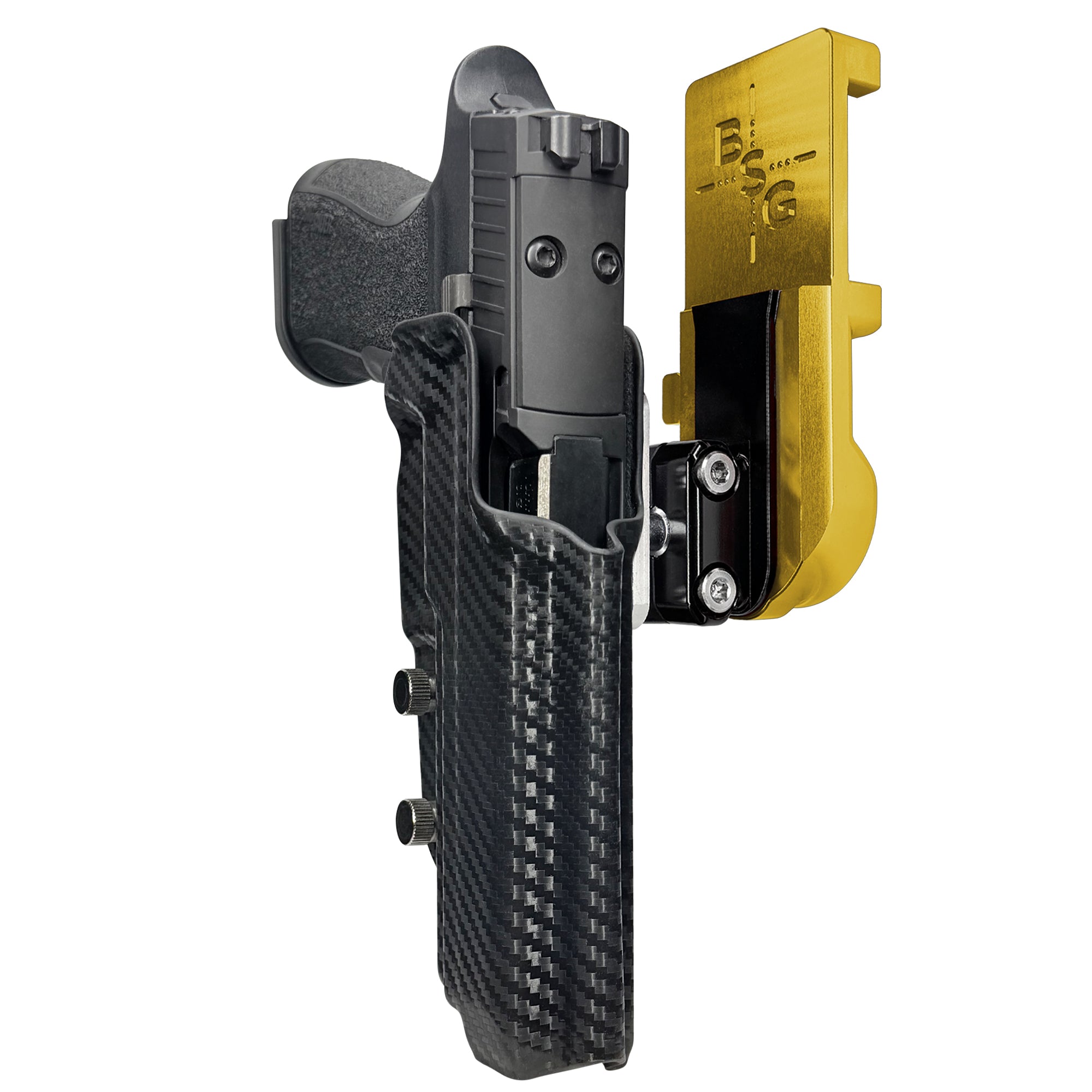 Sig P320 XTEN IPSC/USPA Quick Mount Ball Joint Holster with 24K Gold Belt Attachment, Carbon Fiber Holster Shell