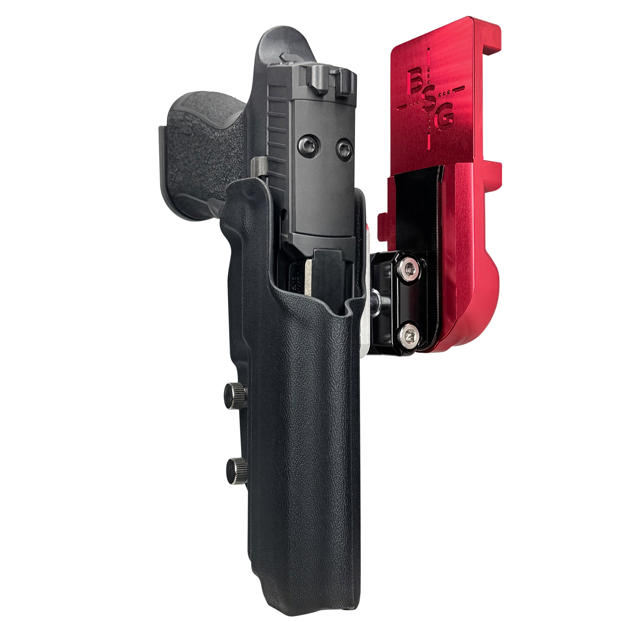 Sig P320 XTEN IPSC/USPA Quick Mount Ball Joint Holster with Red Belt Attachment, Black Holster Shell