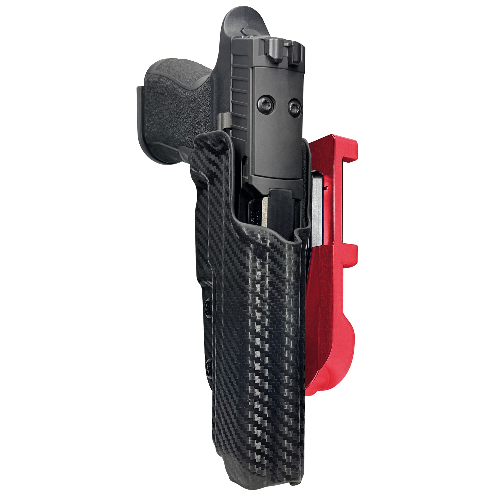 Sig P320 XTEN IDPA Quick Mount Holster with Red Belt Attachment, Carbon Fiber Holster Shell