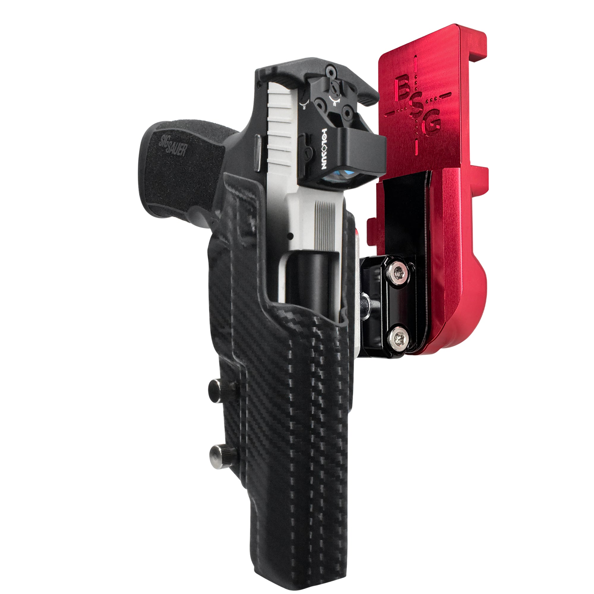 Sig Sauer P322 COMP IPSC/USPA Quick Mount Ball Joint Holster with Red Belt Attachment, Carbon Fiber Holster Shell