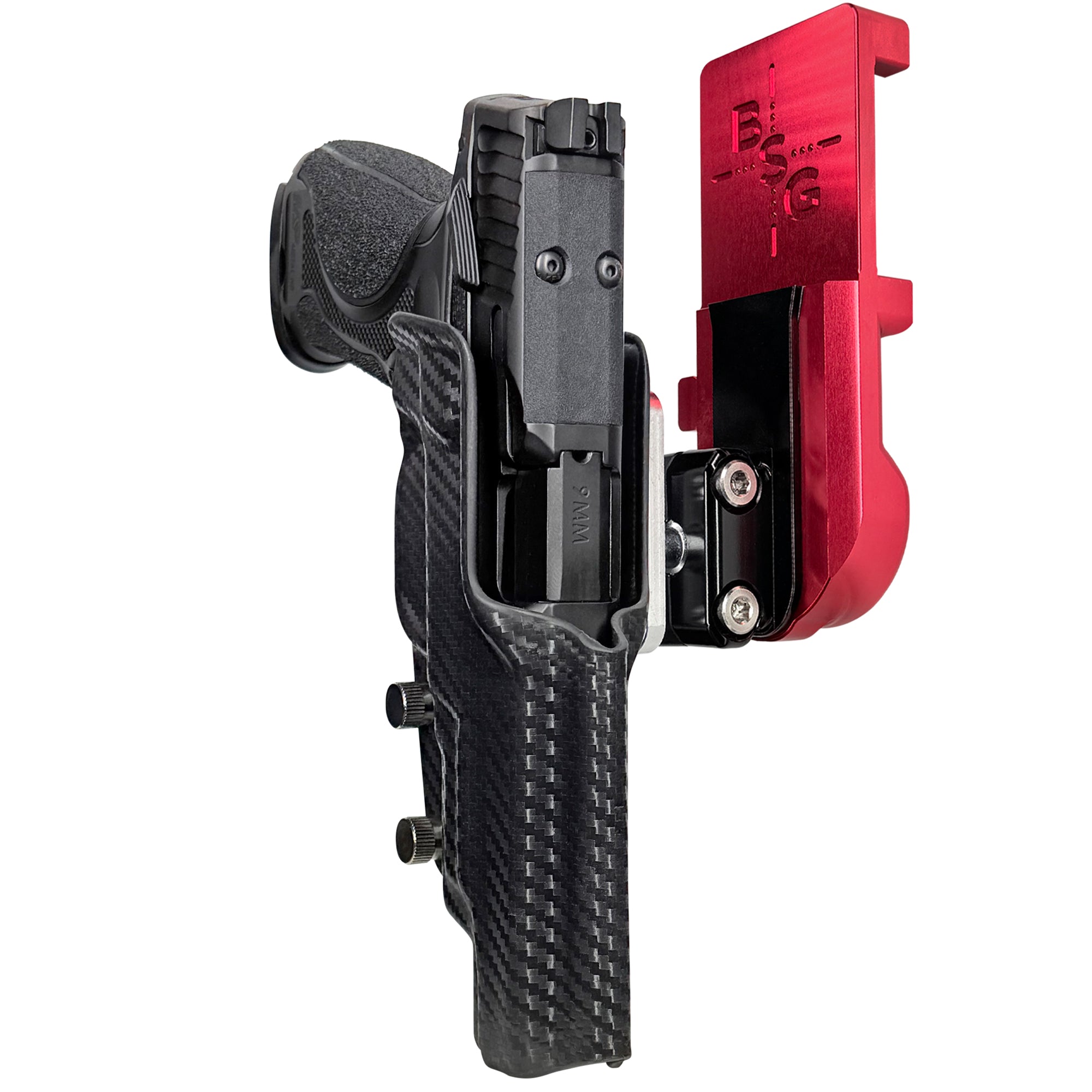 S&W M&P9 M2.0 Metal HD IPSC/USPA Quick Mount Ball Joint Holster with Red Belt Attachment, Carbon Fiber Holster Shell