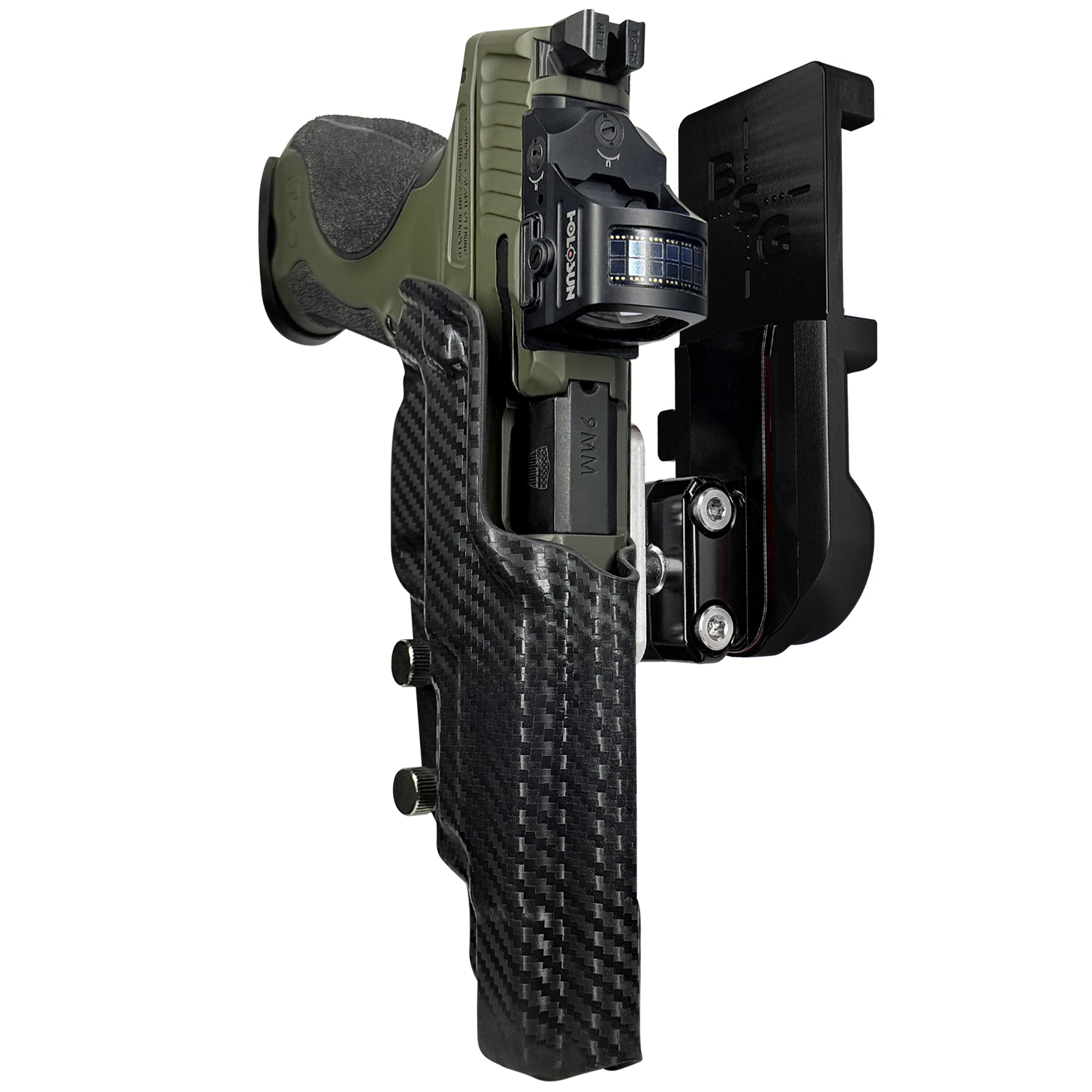 S&W M&P9 Spec Series 2023 IPSC/USPA Quick Mount Ball Joint Holster with Black Belt Attachment, Carbon Fiber Holster Shell