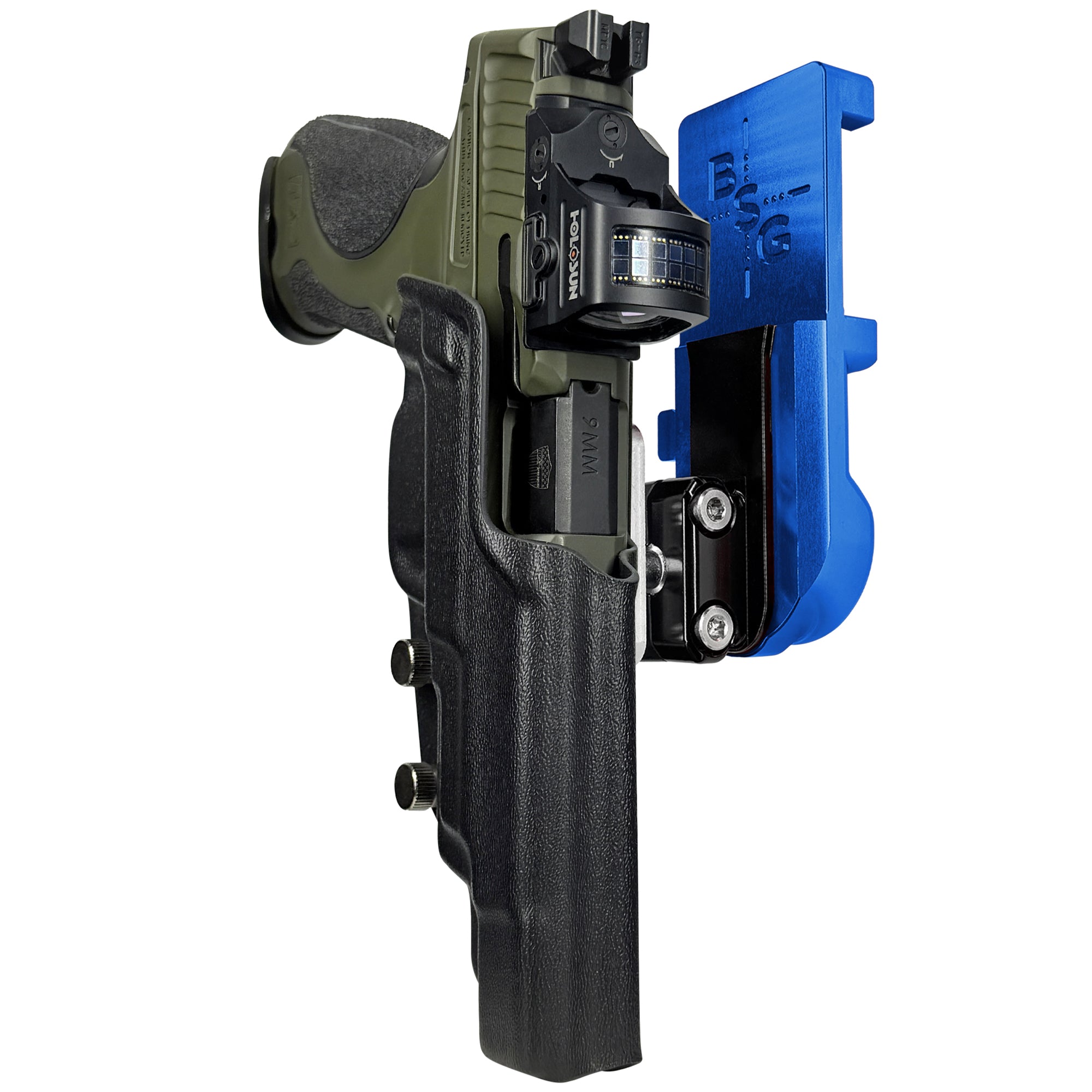 S&W M&P9 Spec Series 2023 IPSC/USPA Quick Mount Ball Joint Holster with Blue Belt Attachment, Black Holster Shell