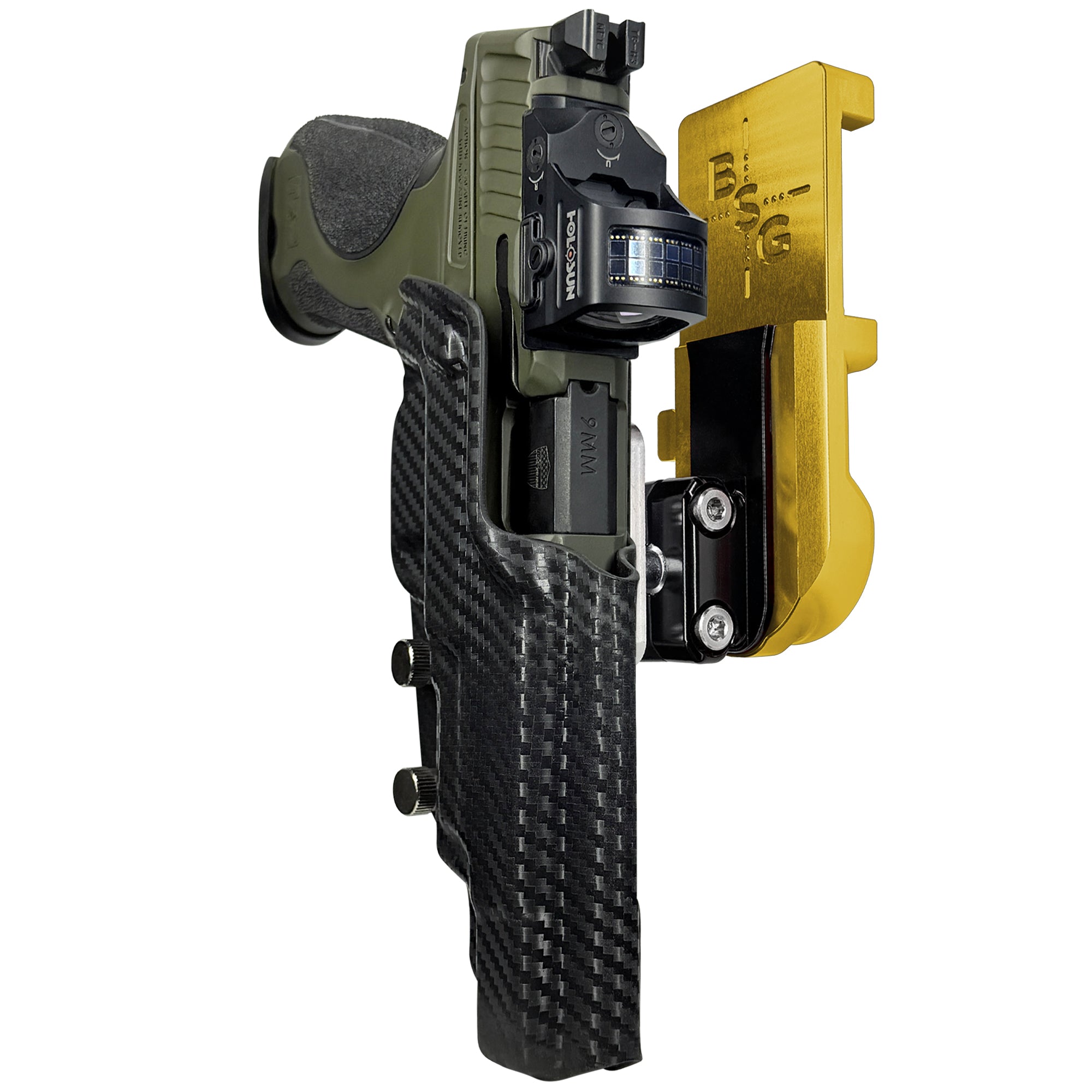 S&W M&P9 Spec Series 2023 IPSC/USPA Quick Mount Ball Joint Holster with 24K Gold Belt Attachment, Carbon Fiber Holster Shell