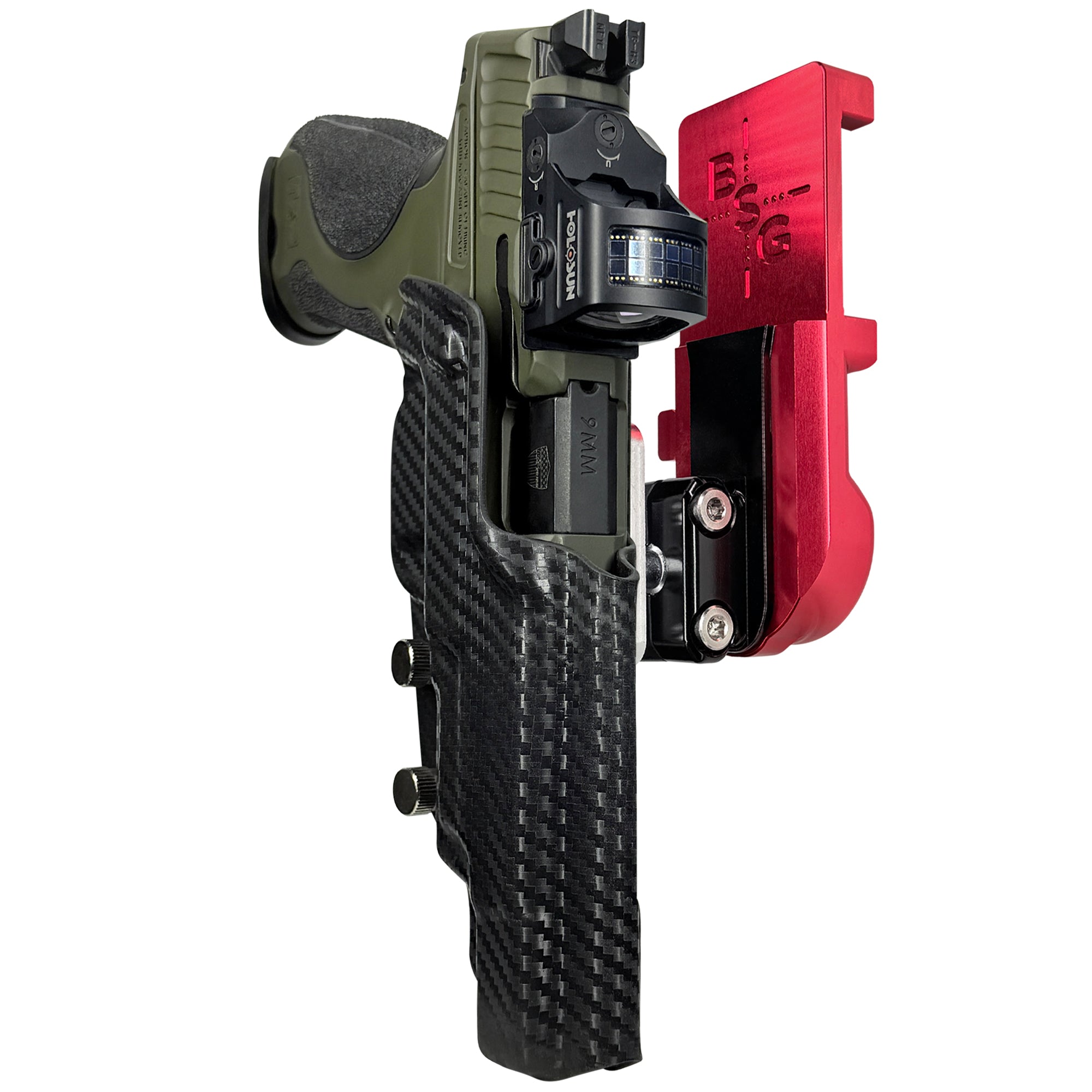 S&W M&P9 Spec Series 2023 IPSC/USPA Quick Mount Ball Joint Holster with Red Belt Attachment, Carbon Fiber Holster Shell