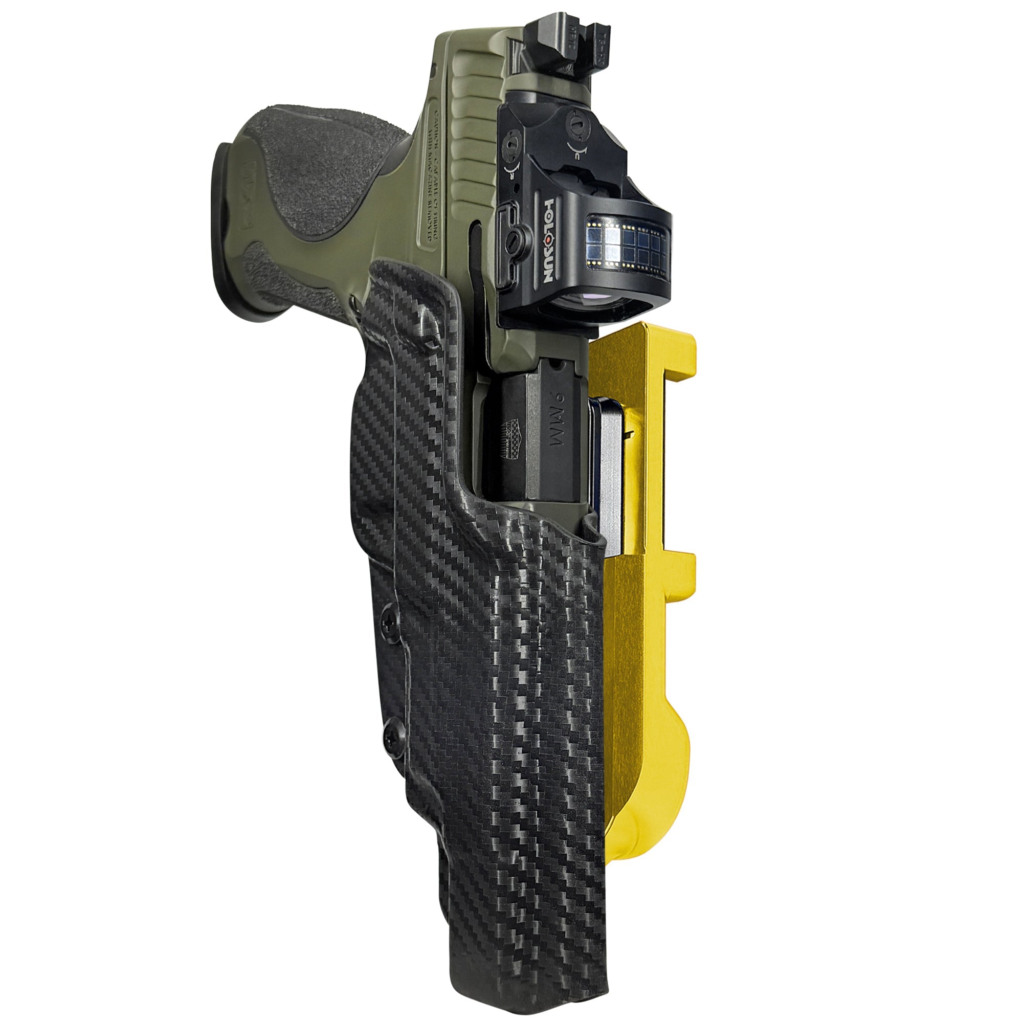 S&W M&P9 Spec Series 2023 IDPA Quick Mount Holster with 24K Gold Belt Attachment, Carbon Fiber Holster Shell