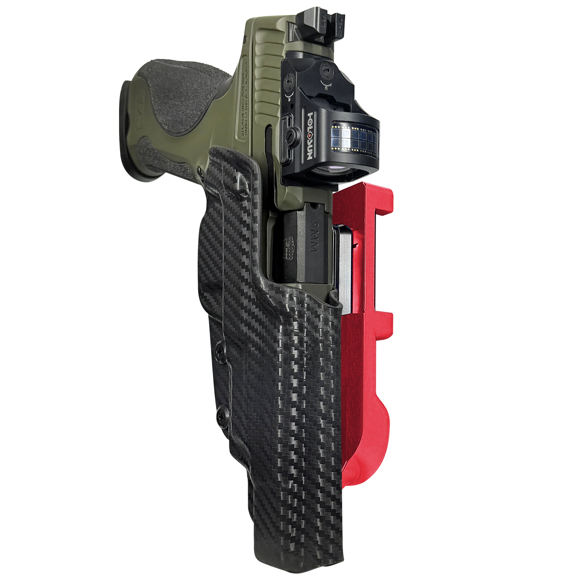 S&W M&P9 Spec Series 2023 IDPA Quick Mount Holster with Red Belt Attachment, Carbon Fiber Holster Shell
