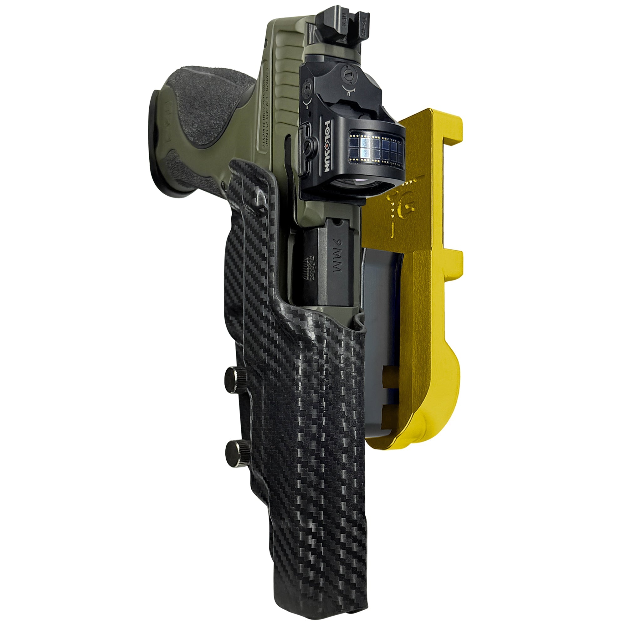 S&W M&P9 Spec Series 2023 IPSC/USPA Quick Mount Holster with 24K Gold Belt Attachment, Carbon Fiber Holster Shell