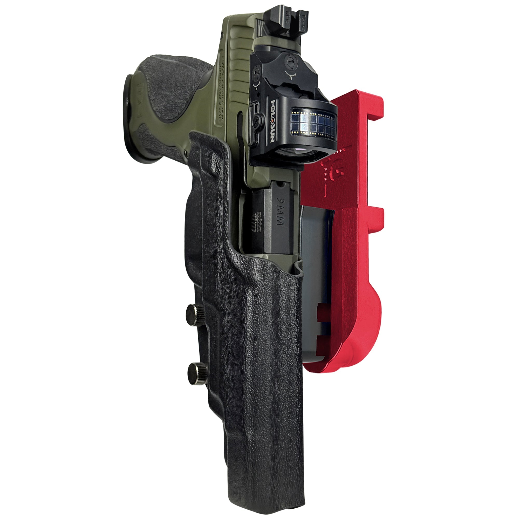 S&W M&P9 Spec Series 2023 IPSC/USPA Quick Mount Holster with Red Belt Attachment, Black Holster Shell