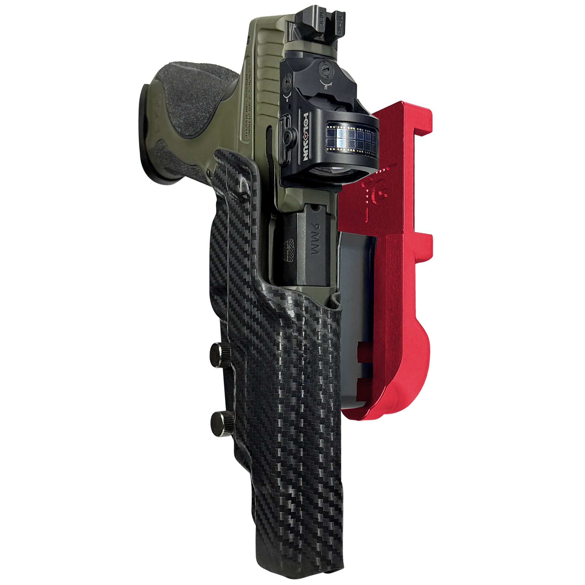 S&W M&P9 Spec Series 2023 IPSC/USPA Quick Mount Holster with Red Belt Attachment, Carbon Fiber Holster Shell