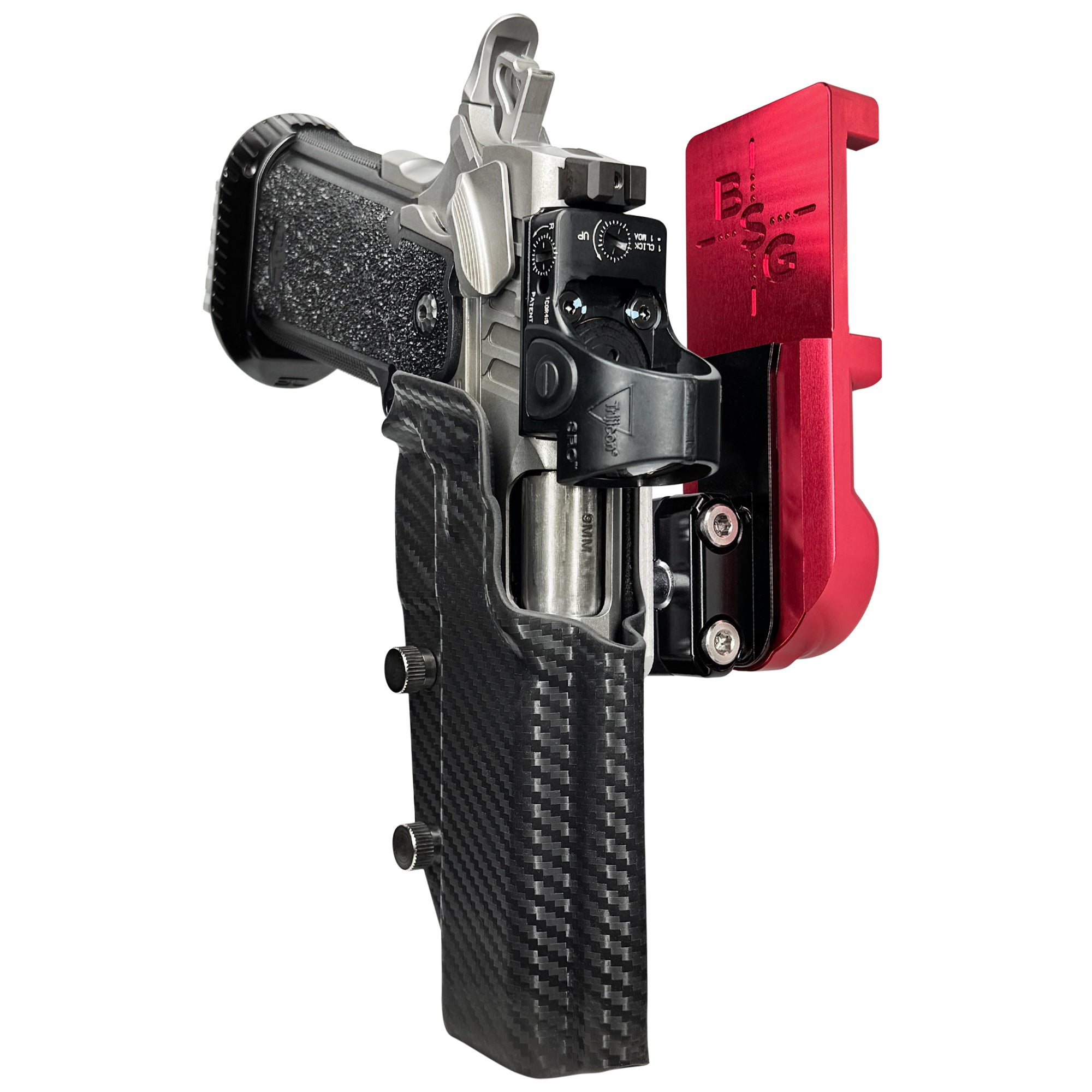 Bul Armory TAC PRO/COMP IPSC/USPA Quick Mount Ball Joint Holster with Red Belt Attachment, Carbon Fiber Holster Shell