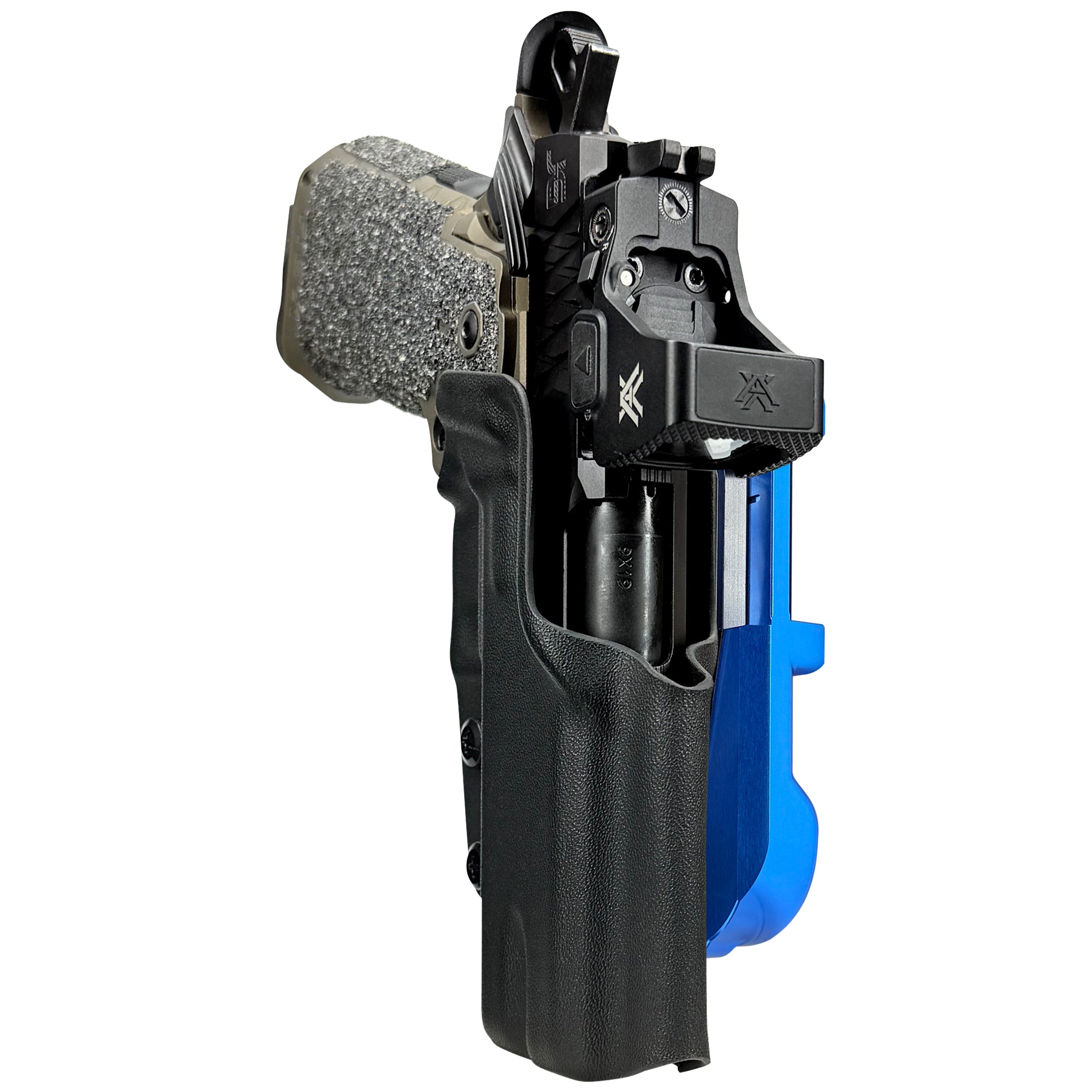 Jacob Grey HEX 4.25in IDPA Quick Mount Holster with Blue Belt Attachment, Black Holster Shell