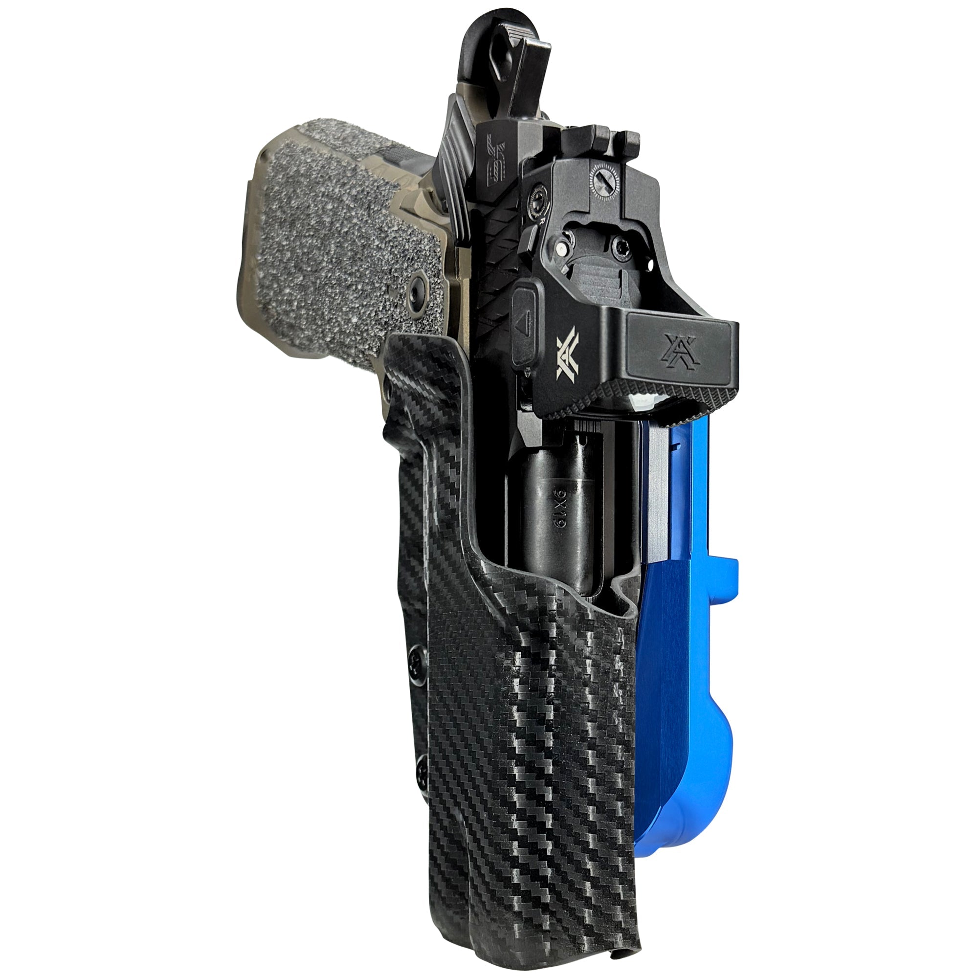 Jacob Grey HEX 4.25in IDPA Quick Mount Holster with Blue Belt Attachment, Carbon Fiber Holster Shell