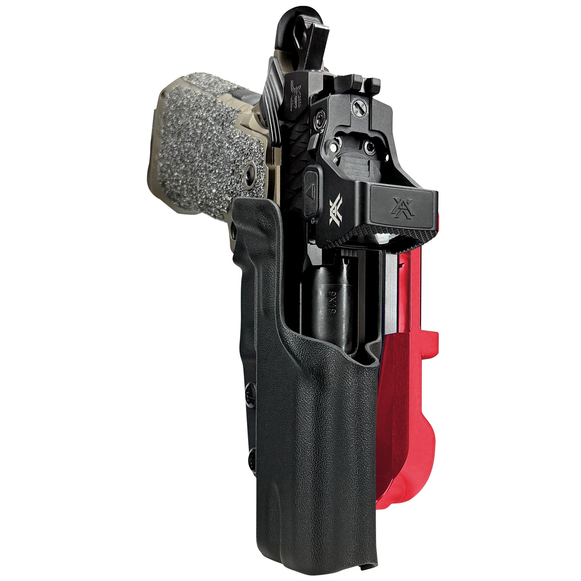 Jacob Grey HEX 4.25in IDPA Quick Mount Holster with Red Belt Attachment, Black Holster Shell