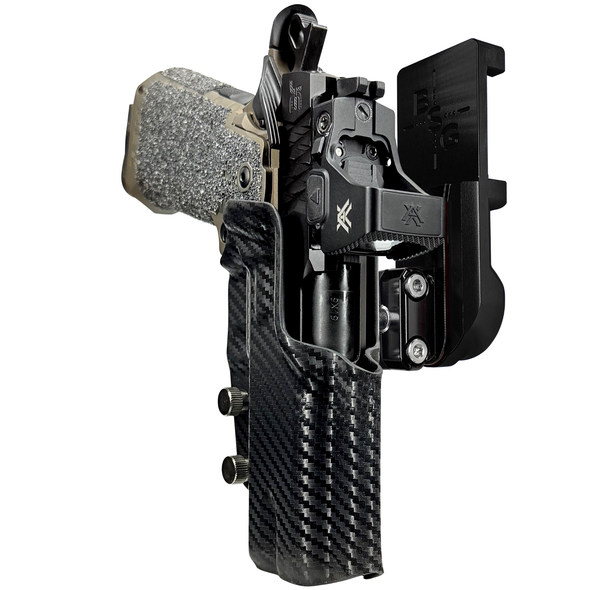 Jacob Grey HEX 4.25in IPSC/USPA Quick Mount Ball Joint Holster with Black Belt Attachment, Carbon Fiber Holster Shell