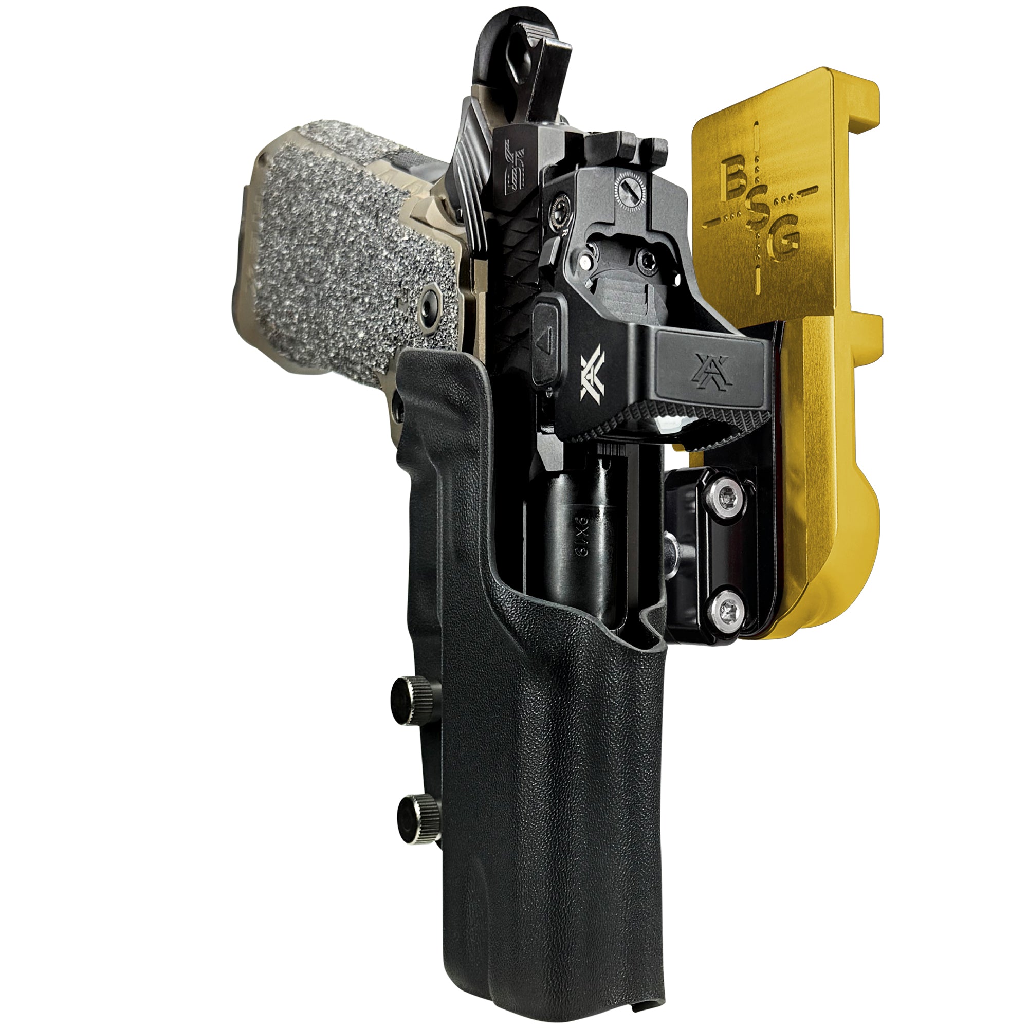 Jacob Grey HEX 4.25in IPSC/USPA Quick Mount Ball Joint Holster with 24K Gold Belt Attachment, Black Holster Shell
