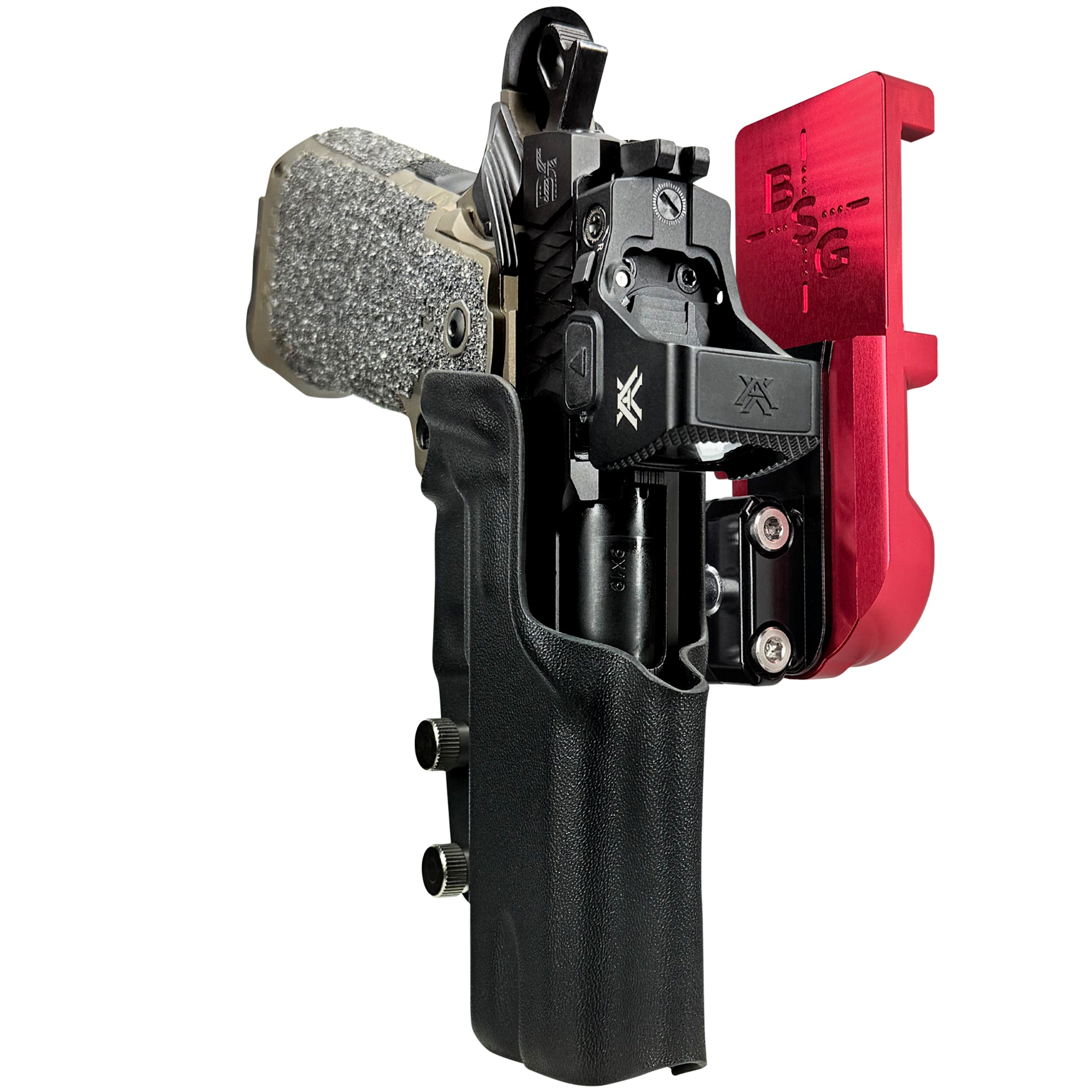 Jacob Grey HEX 4.25in IPSC/USPA Quick Mount Ball Joint Holster with Red Belt Attachment, Black Holster Shell