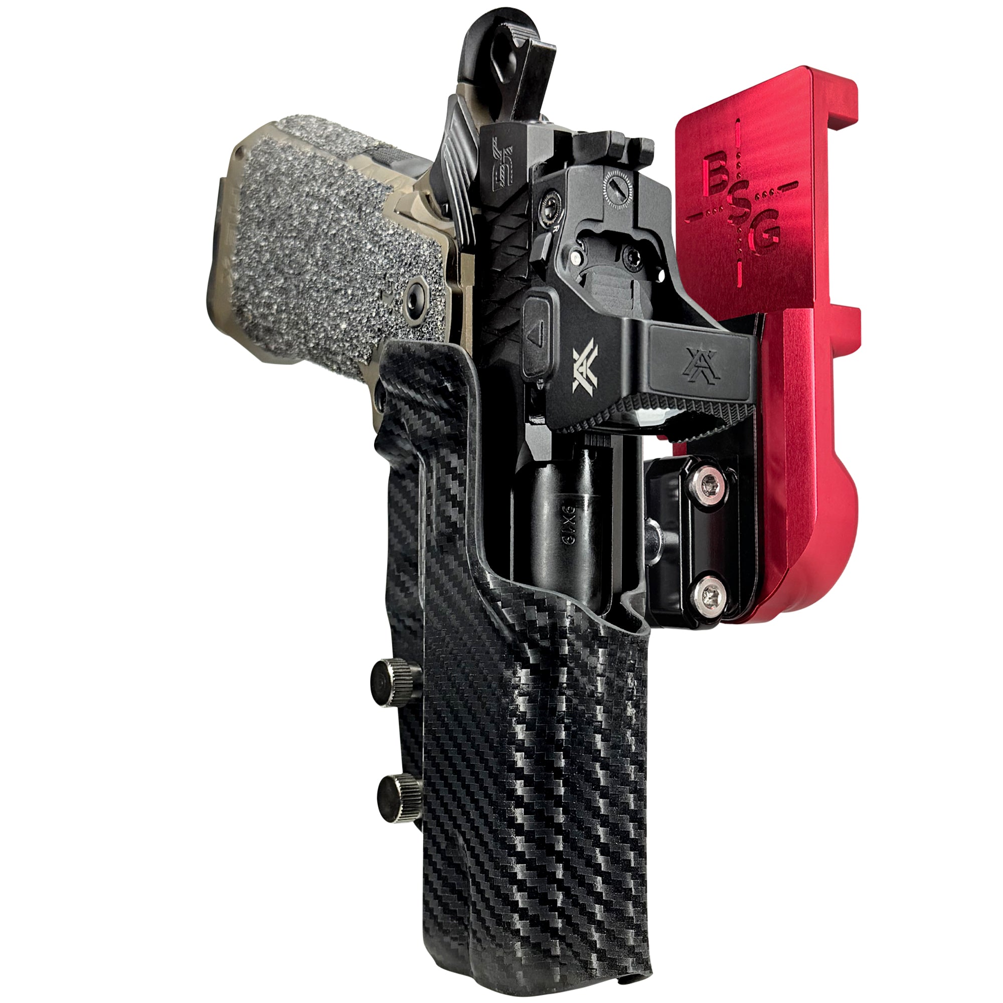 Jacob Grey HEX 4.25in IPSC/USPA Quick Mount Ball Joint Holster with Red Belt Attachment, Carbon Fiber Holster Shell