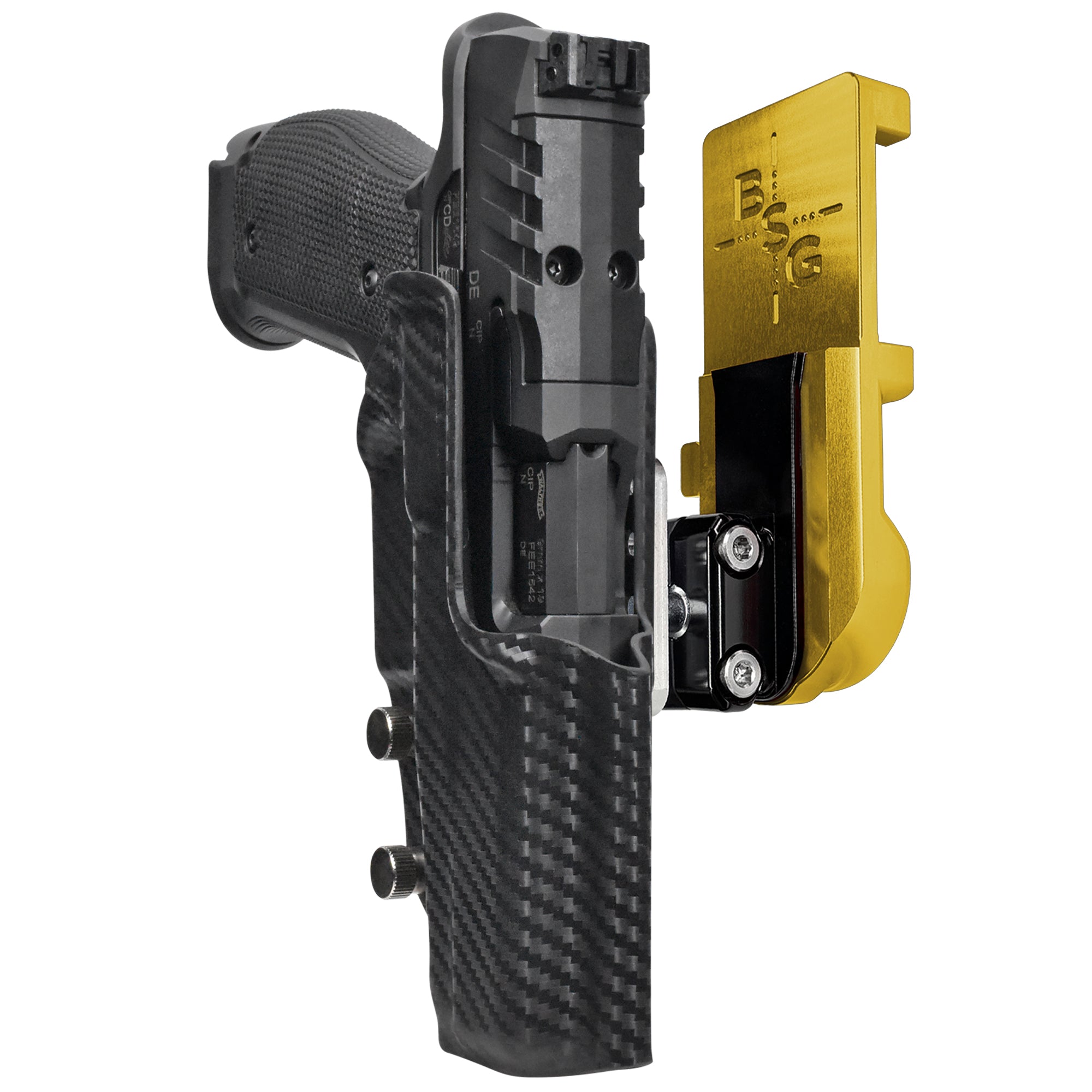 Walther PDP 5'' SF IPSC/USPA Quick Mount Ball Joint Holster with 24K Gold Belt Attachment, Carbon Fiber Holster Shell