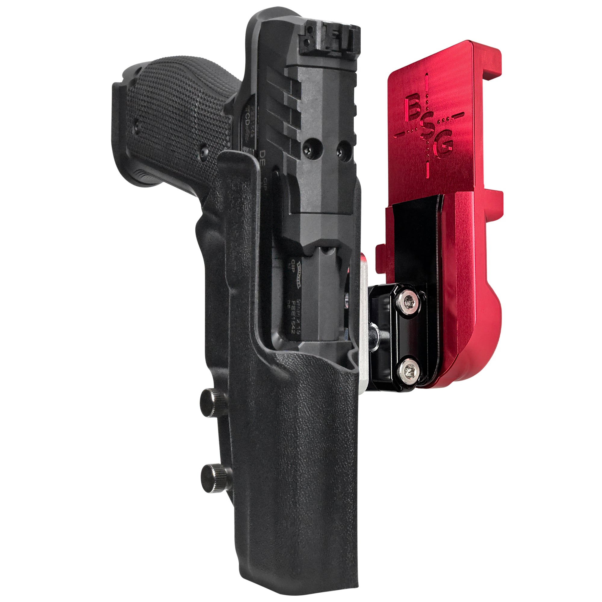 Walther PDP 5'' SF IPSC/USPA Quick Mount Ball Joint Holster with Red Belt Attachment, Black Holster Shell