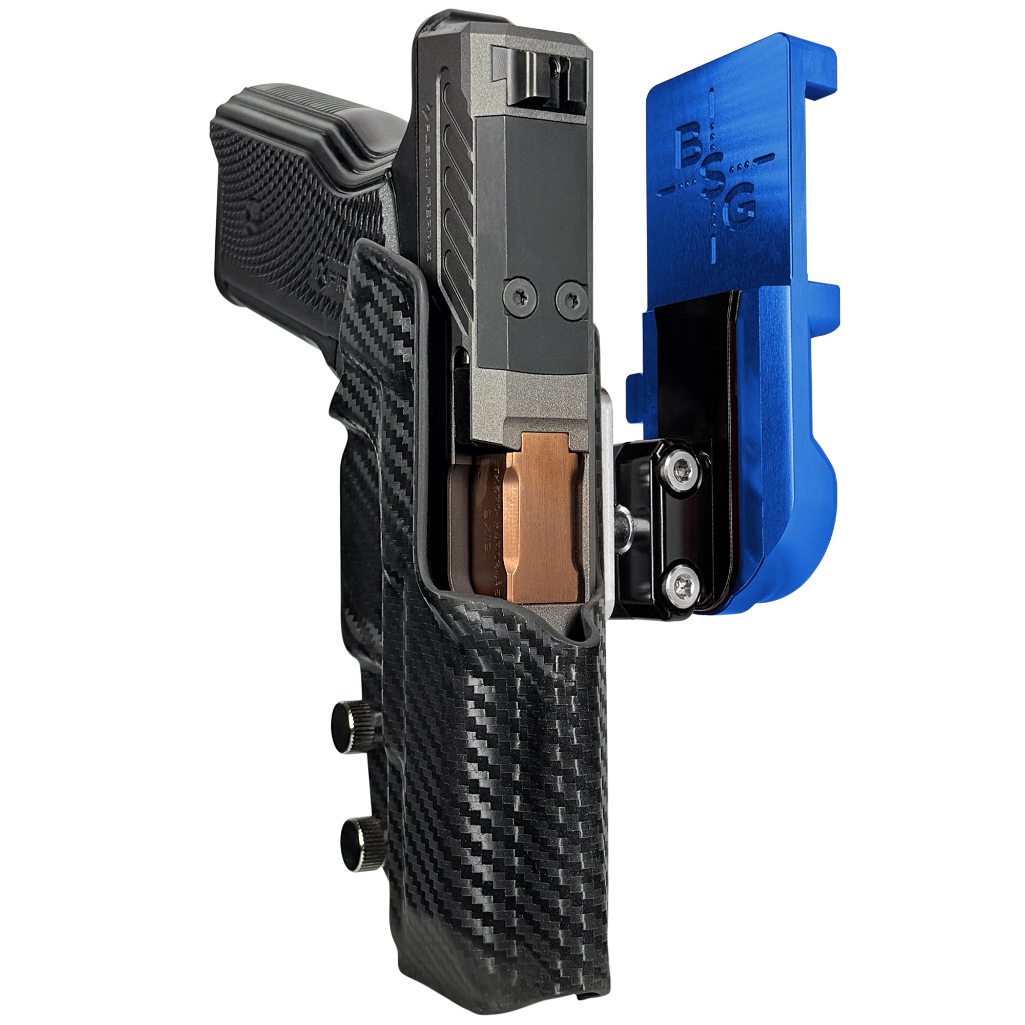 Fusion Firearms XF Pro IPSC/USPA Quick Mount Ball Joint Holster with Blue Belt Attachment, Carbon Fiber Holster Shell