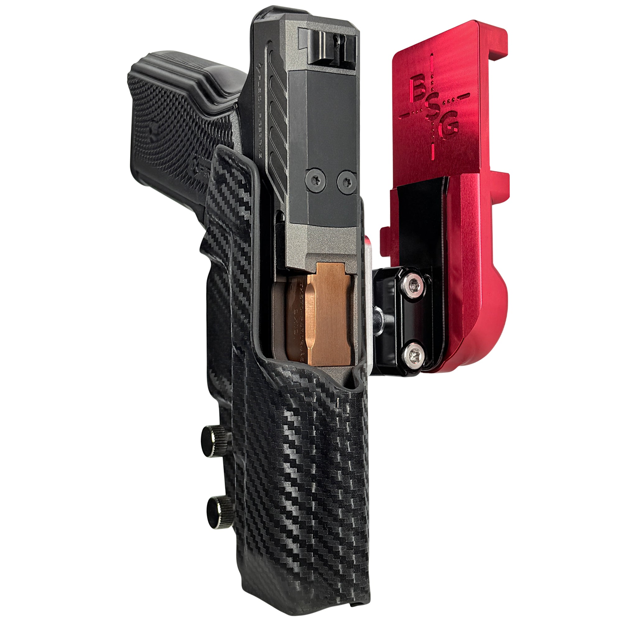 Fusion Firearms XF Pro IPSC/USPA Quick Mount Ball Joint Holster with Red Belt Attachment, Carbon Fiber Holster Shell