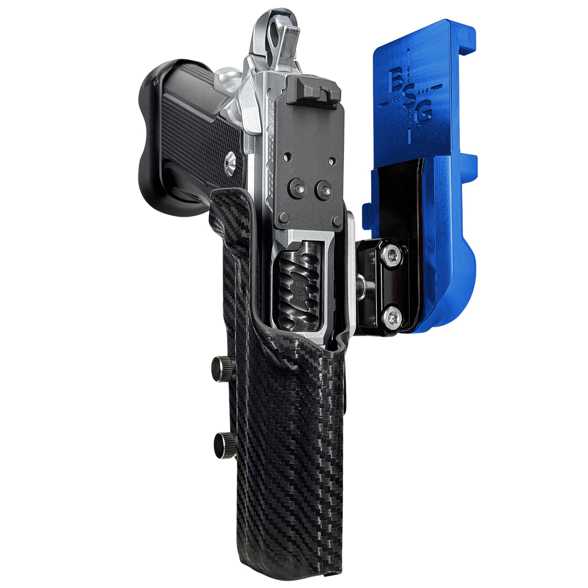 Fusion Firearms XP Comp IPSC/USPA Quick Mount Ball Joint Holster with Blue Belt Attachment, Carbon Fiber Holster Shell