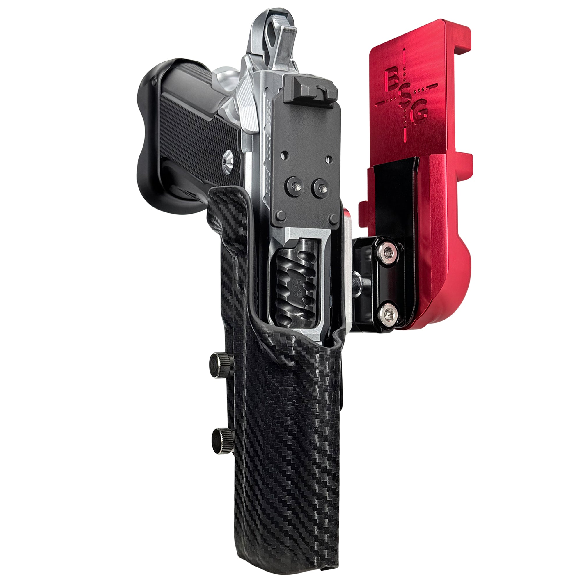 Fusion Firearms XP Comp IPSC/USPA Quick Mount Ball Joint Holster with Red Belt Attachment, Carbon Fiber Holster Shell