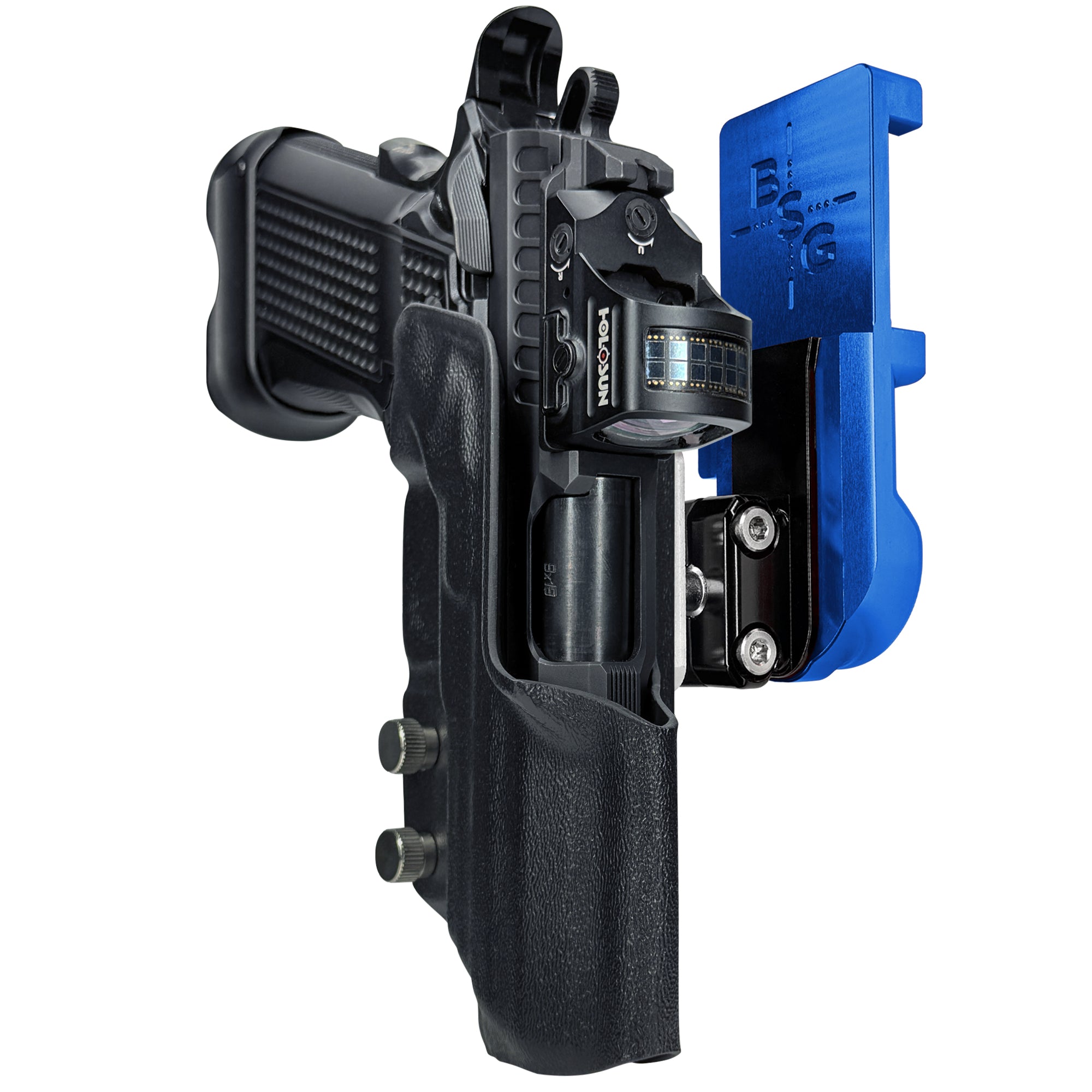 Fusion Firearms XP Pro IPSC/USPA Quick Mount Ball Joint Holster with Blue Belt Attachment, Black Holster Shell