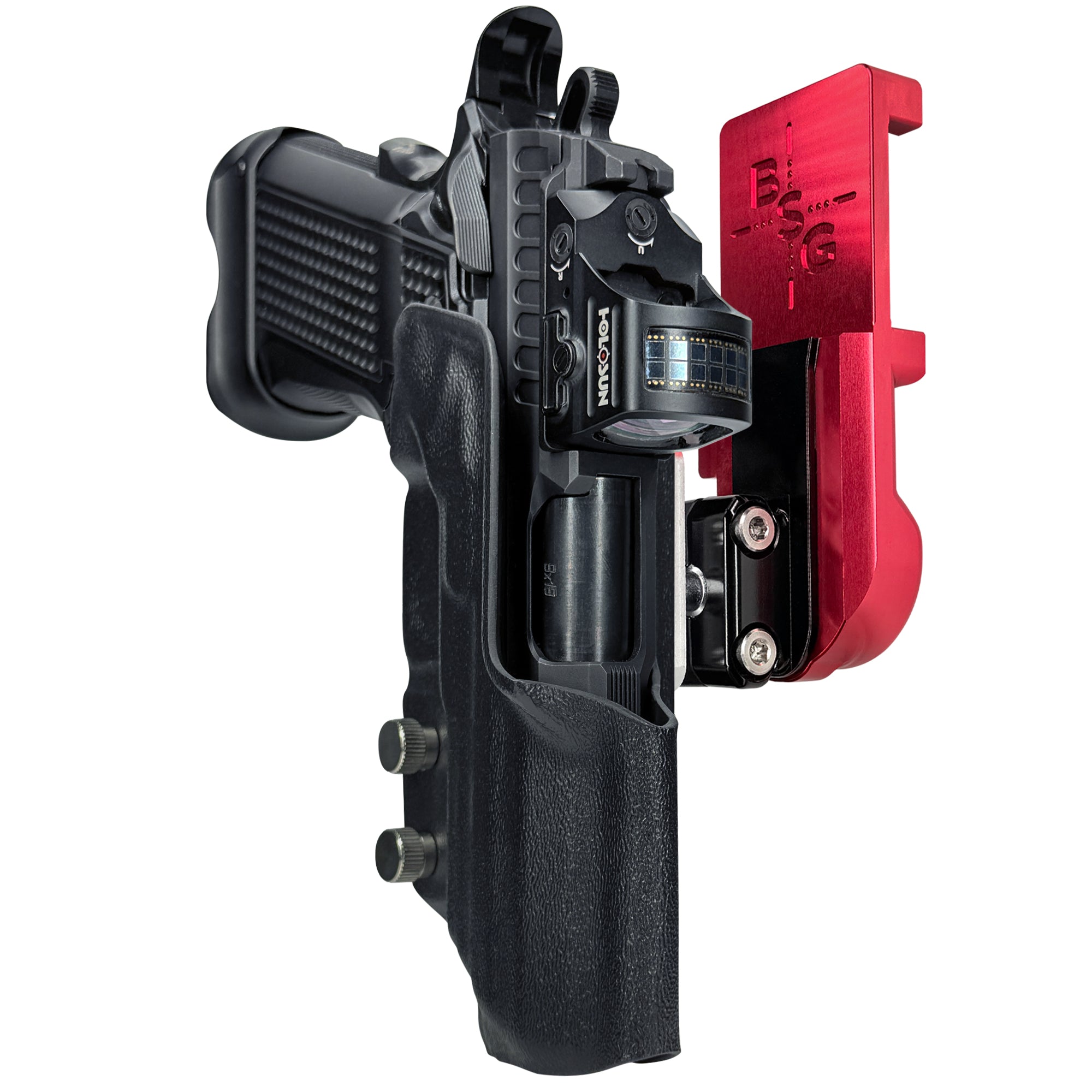 Fusion Firearms XP Pro IPSC/USPA Quick Mount Ball Joint Holster with Red Belt Attachment, Black Holster Shell