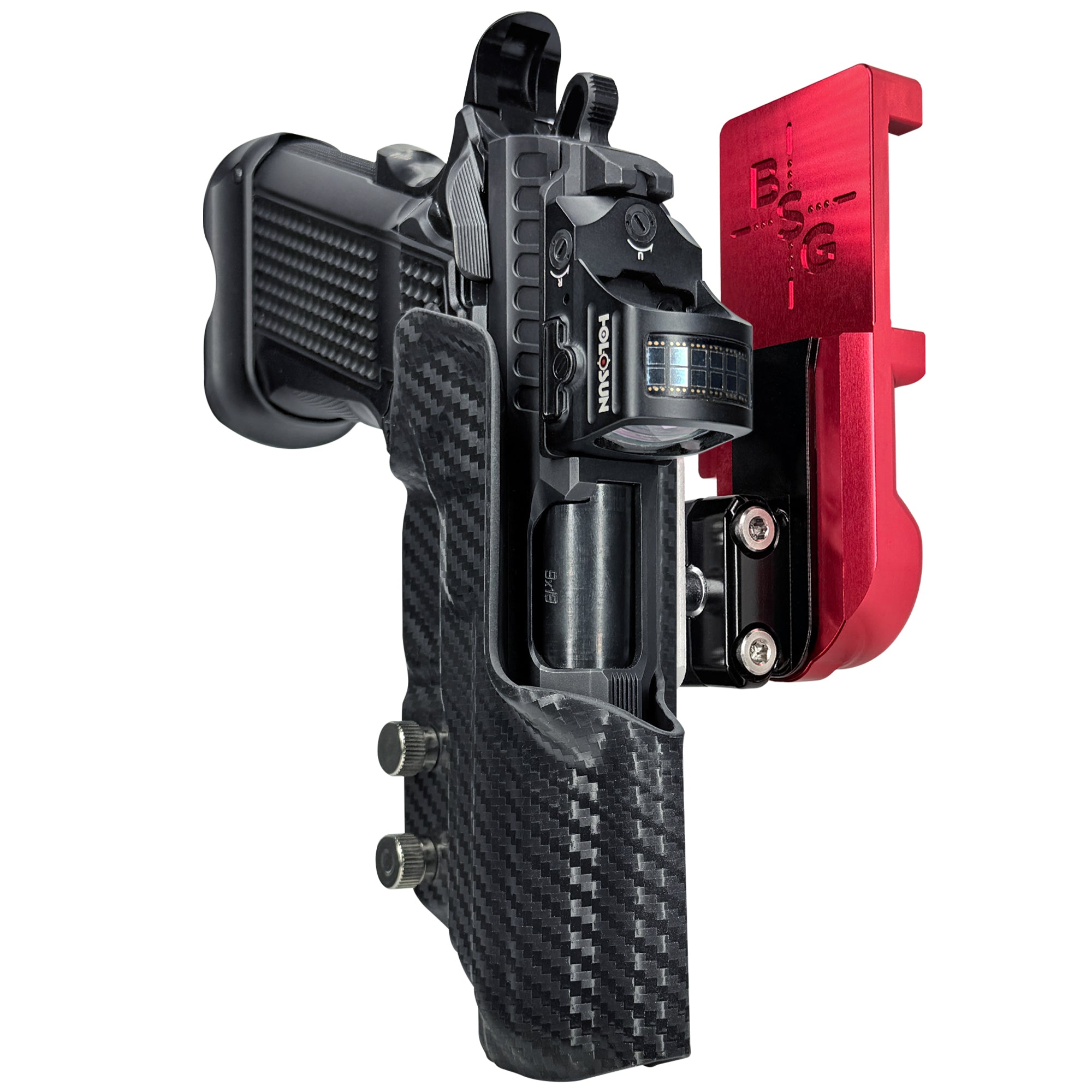 Fusion Firearms XP Pro IPSC/USPA Quick Mount Ball Joint Holster with Red Belt Attachment, Carbon Fiber Holster Shell