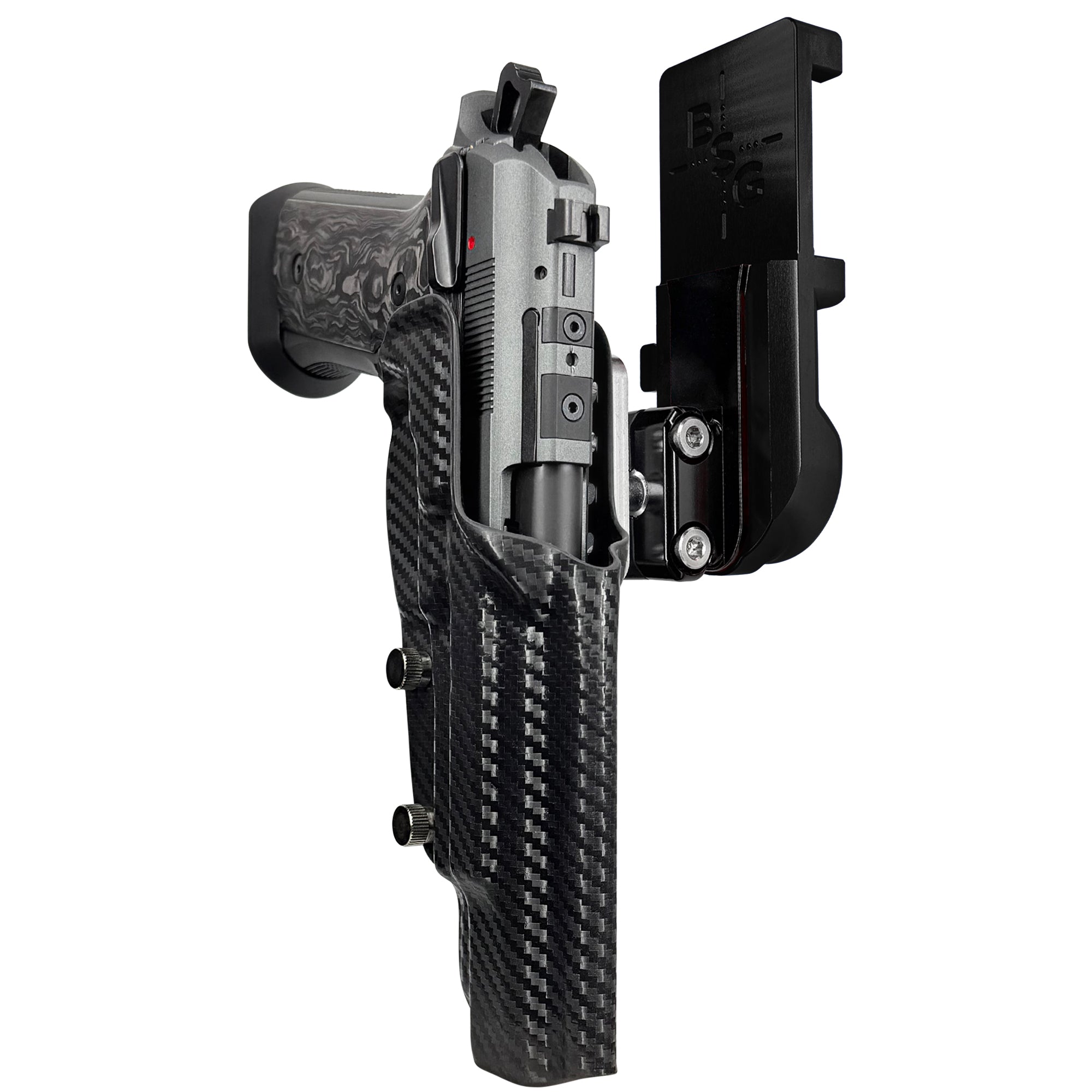 Beretta 92XI SAO Gara/Corsa IPSC/USPA Quick Mount Ball Joint Holster with Black Belt Attachment, Carbon Fiber Holster Shell
