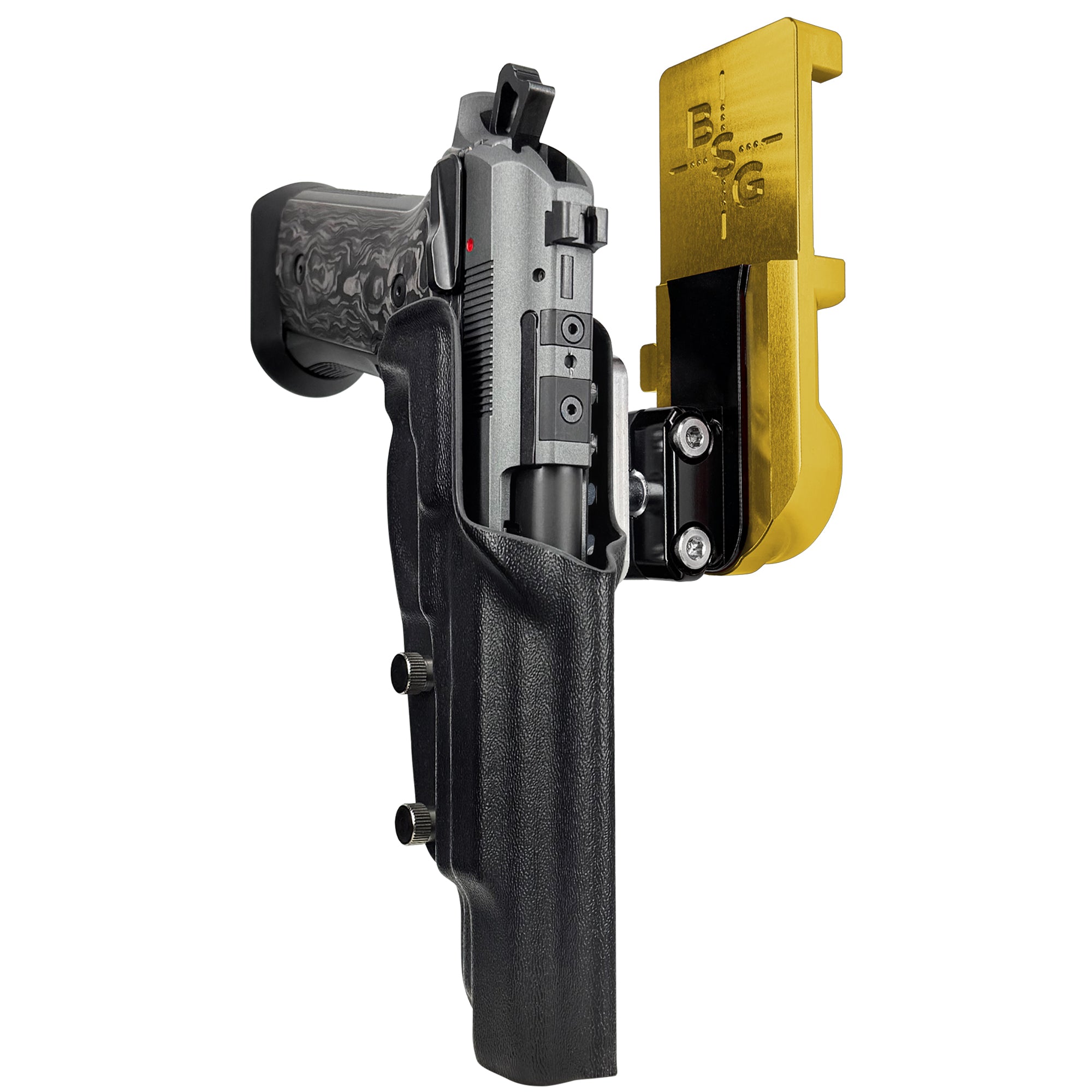 Beretta 92XI SAO Gara/Corsa IPSC/USPA Quick Mount Ball Joint Holster with 24K Gold Belt Attachment, Black Holster Shell