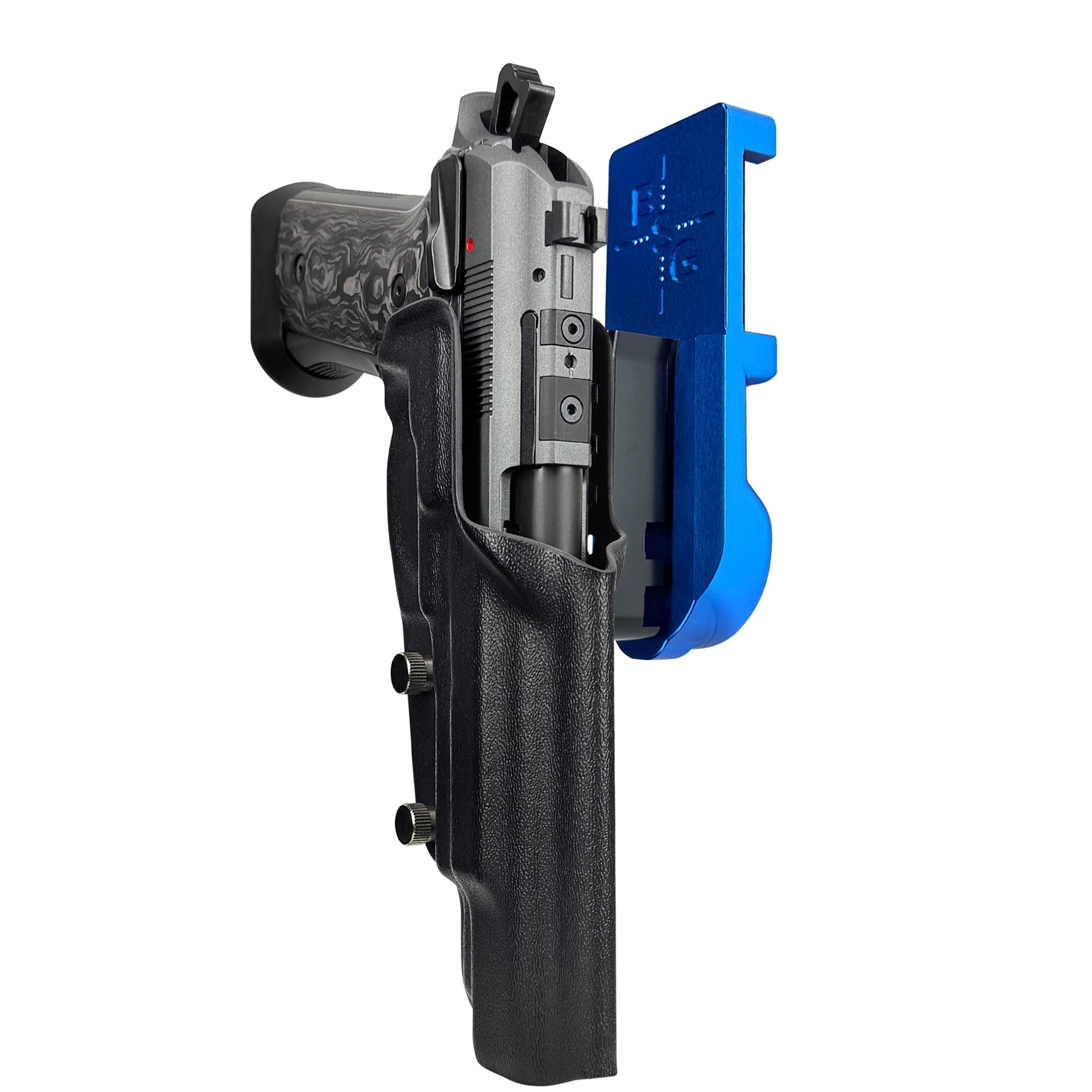 Beretta 92XI SAO Gara/Corsa IPSC/USPA Quick Mount Holster with Blue Belt Attachment, Black Holster Shell