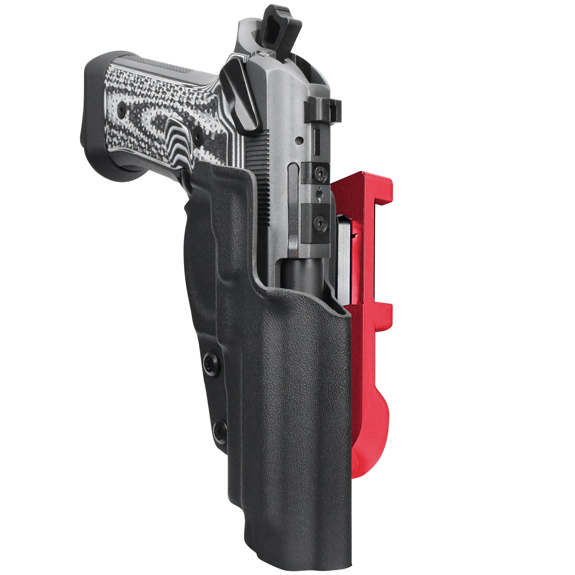 Beretta 92XI IDPA Quick Mount Holster with Red Belt Attachment, Black Holster Shell