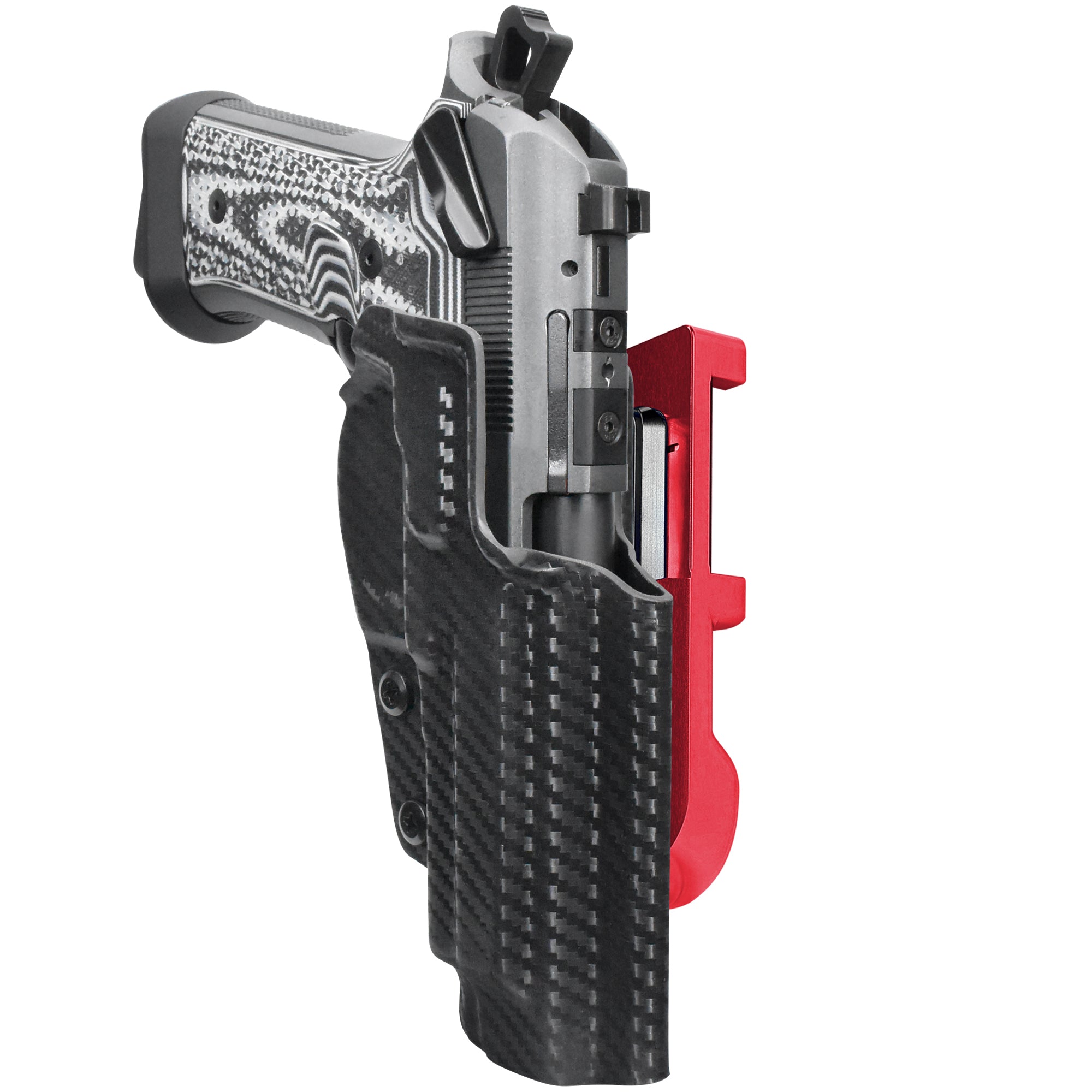 Beretta 92XI IDPA Quick Mount Holster with Red Belt Attachment, Carbon Fiber Holster Shell