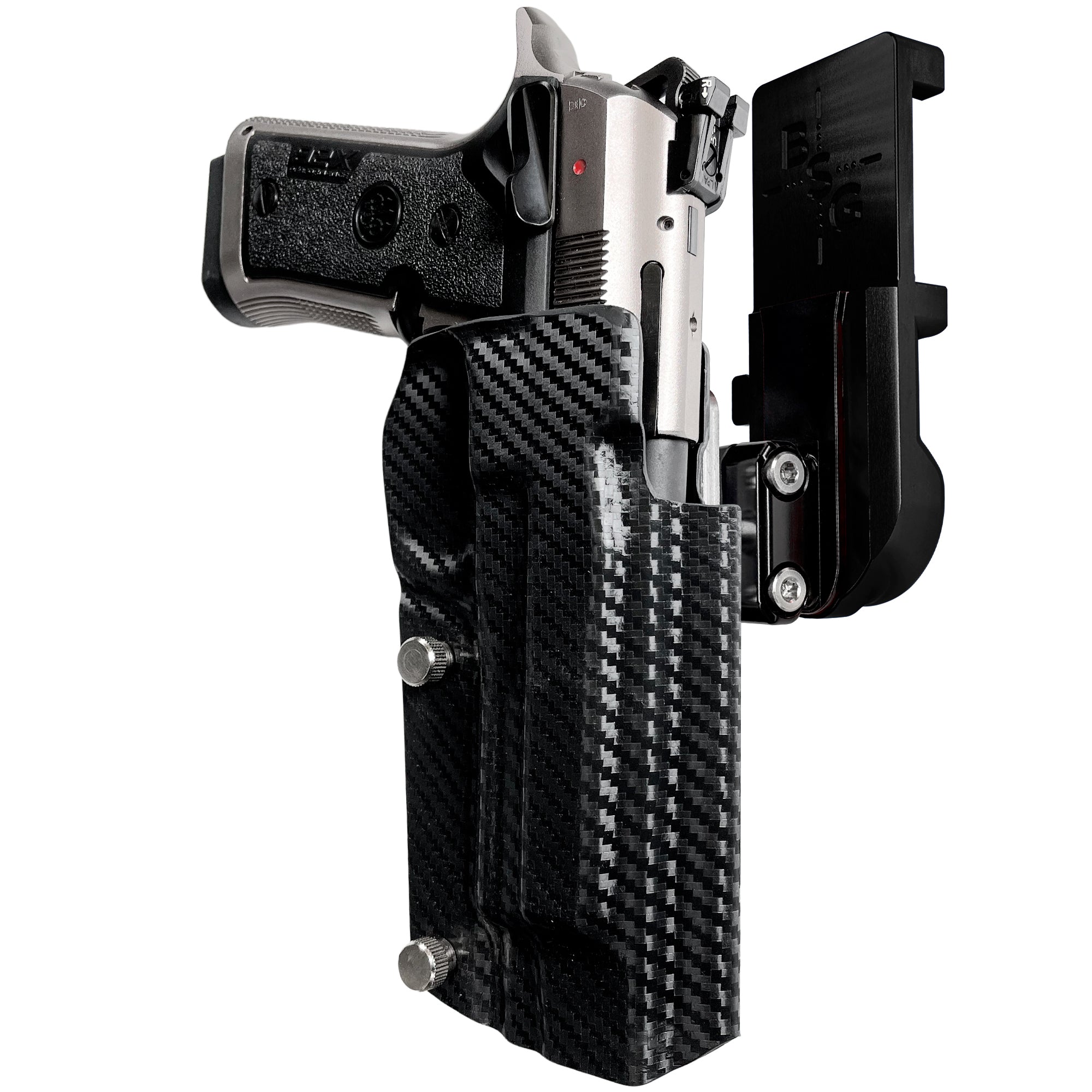 Beretta 92X Perf IPSC/USPA Quick Mount Ball Joint Holster with Black Belt Attachment, Carbon Fiber Holster Shell