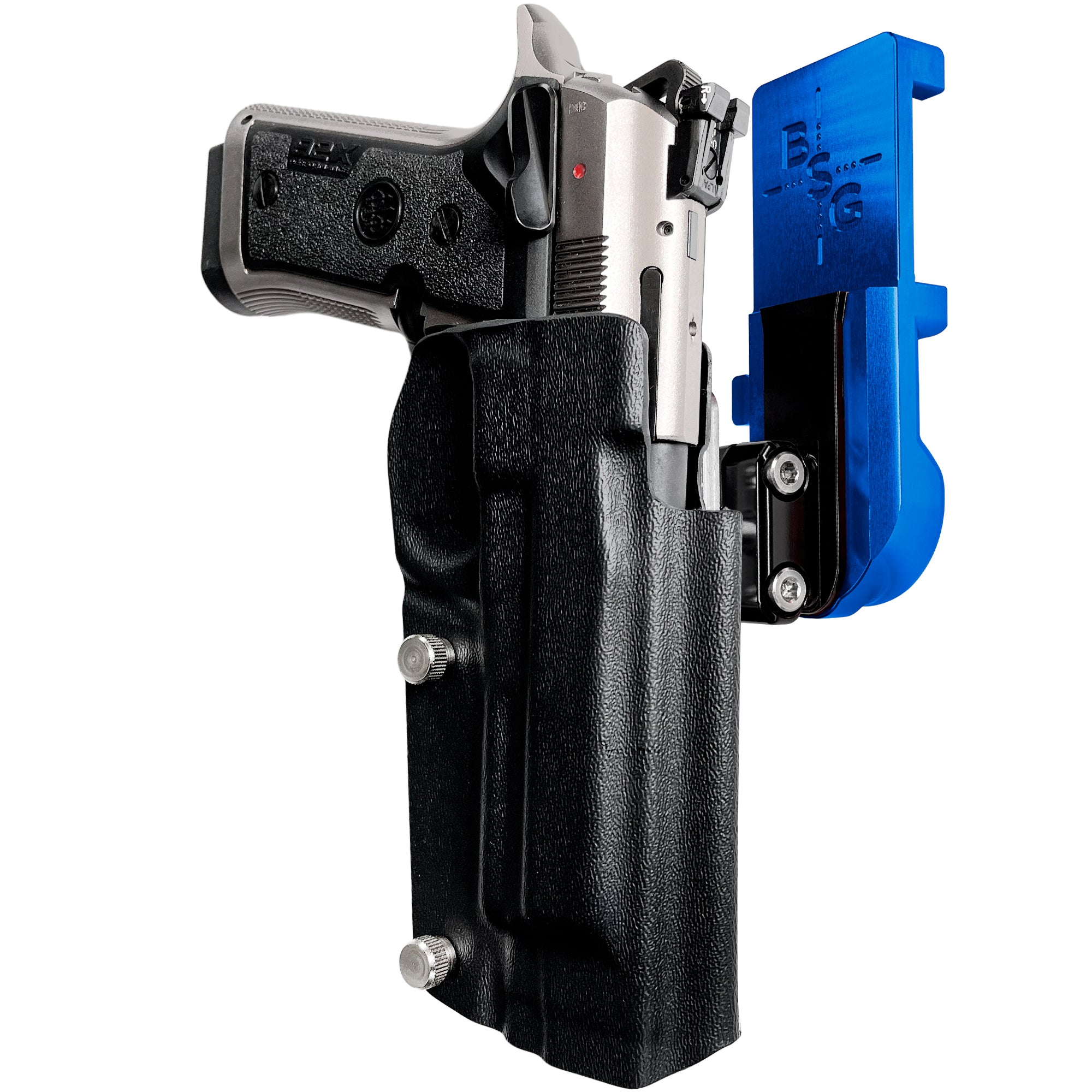 Beretta 92X Perf IPSC/USPA Quick Mount Ball Joint Holster with Blue Belt Attachment, Black Holster Shell
